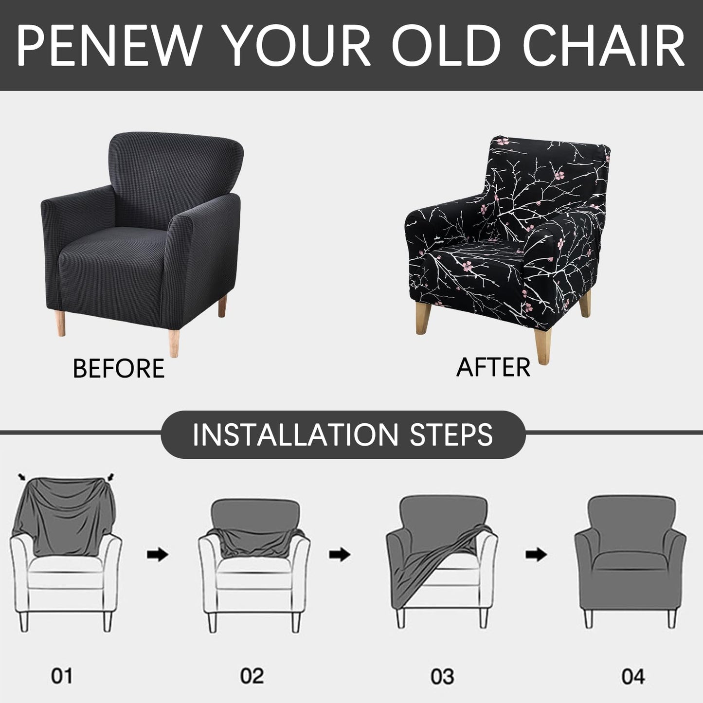 Adigau Chair Covers Stretch Armchair Protector Modern Printed Single Sofa Slipcover with Arms for Living Room Office Reception Reading Couch(Black Flower)