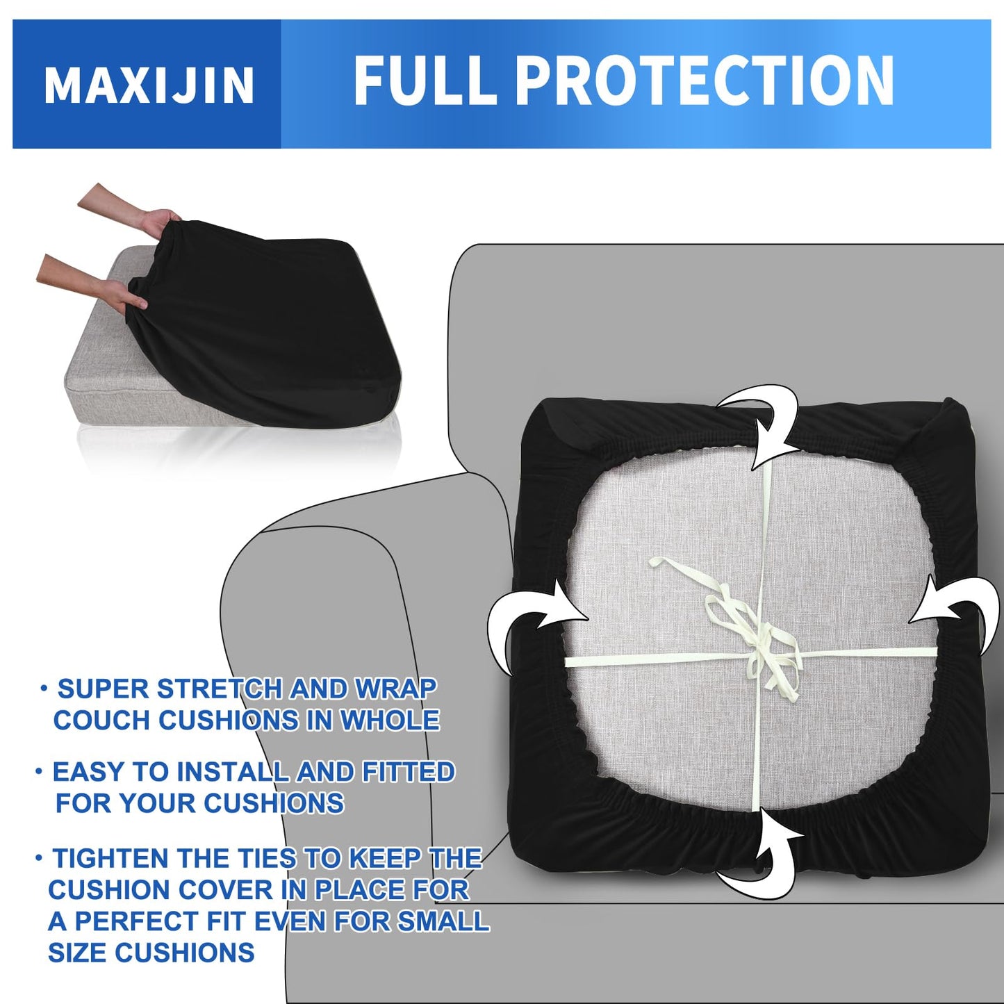 MAXIJIN Velvet Stretch Cushion Cover Fitted Couch Cushion Slipcovers 1 Pack Arm Chair Seat Cushion Cover for Individual Cushion Sofa Chair with Elastic Bottom (Chair Cushion, Black)