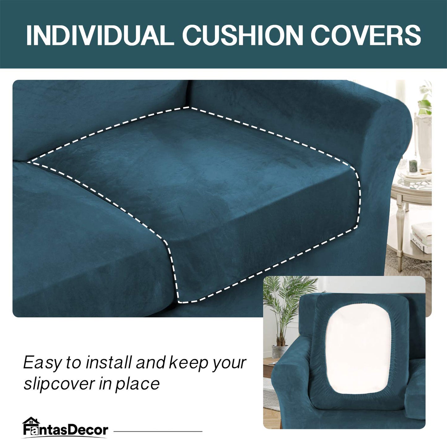FantasDecor 3 Piece Sofa Covers Velvet for 2 Cushion Couch Stretch Loveseat Slipcover with Individual Seat Elastic Furniture Protector for Pets (Loveseat, Deep Teal)