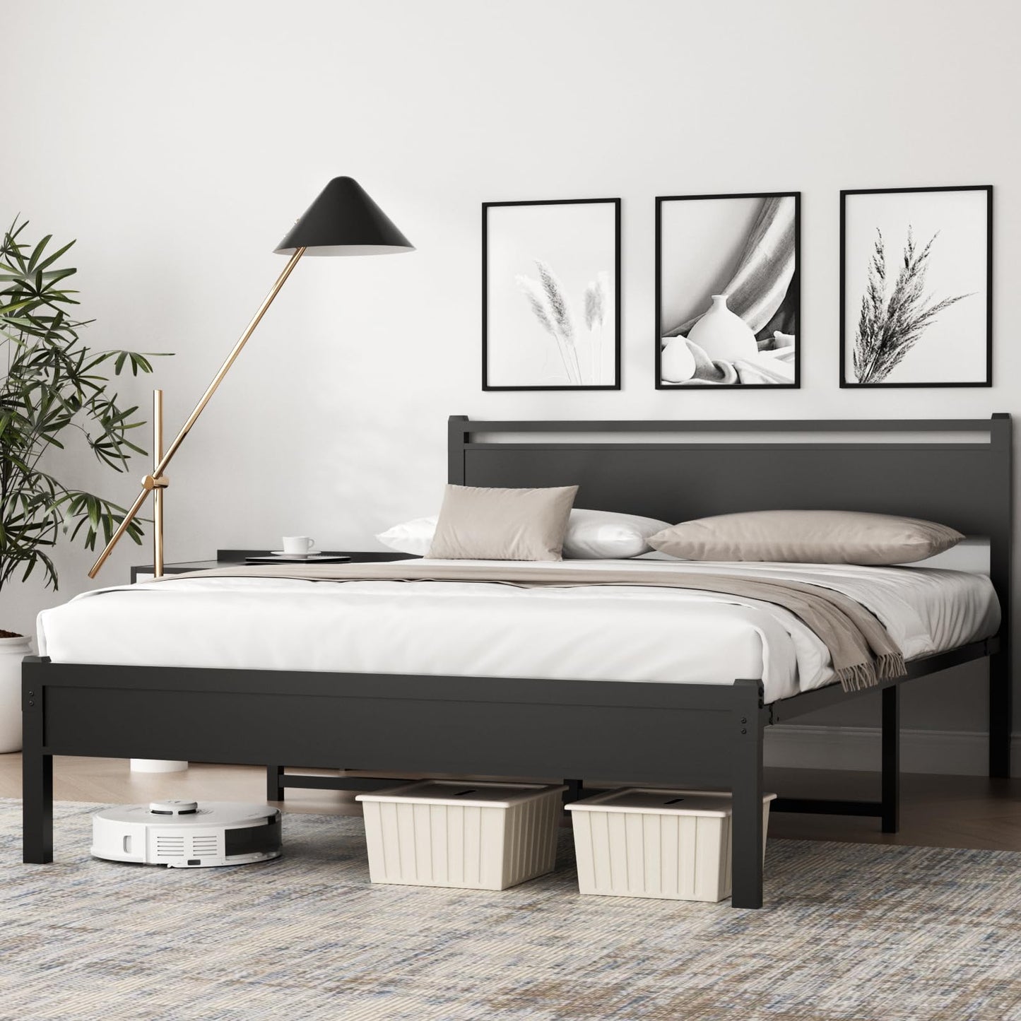 Easy Install 16 Inch Full Size Bed Frame,Metal Platform Bed Frame with Wooden Headboard and Footboard,Mattress Foundation,Large Under Bed Storage,No Box Spring Needed,Non-Slip Without Noise,Black