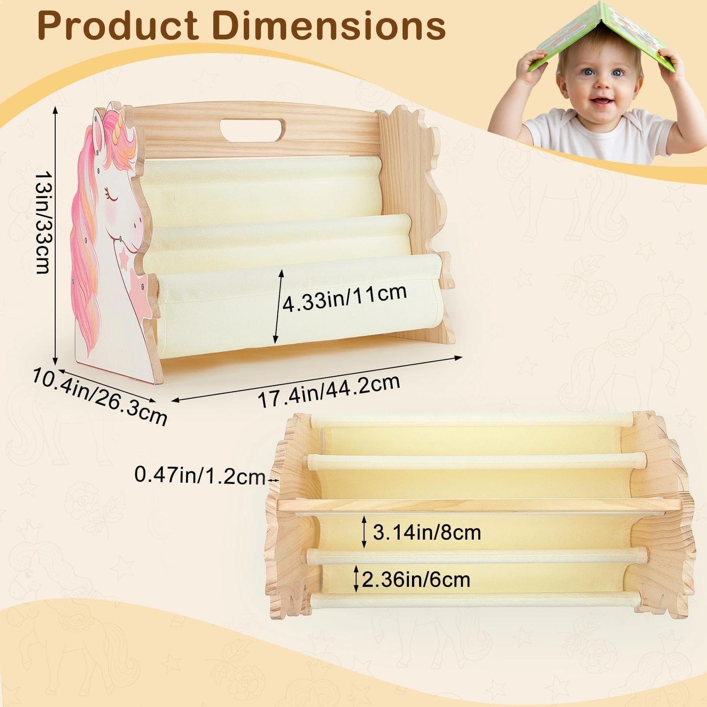 SheSeek Toddler Bookshelf Double-Sided with 4 Tier Deep Sleeves Kids Wooden Montessori Book Rack for Baby Nursery Room, Playroom, Classroom or Bedroom Bookcase Storage Organizer, Pink Unicorn