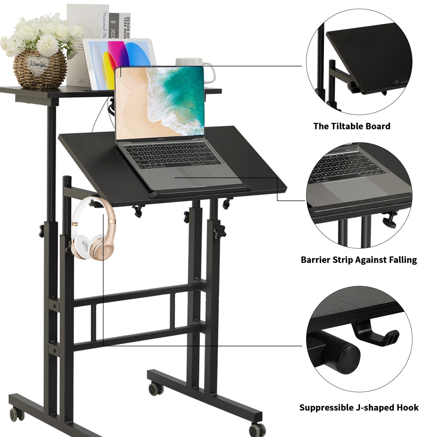 Hadulcet Mobile Standing Desk with Charging Station, Adjustable Standing Computer Desk, Standing Adjustable Laptop Cart with Wheels for Home Office Classroom Black