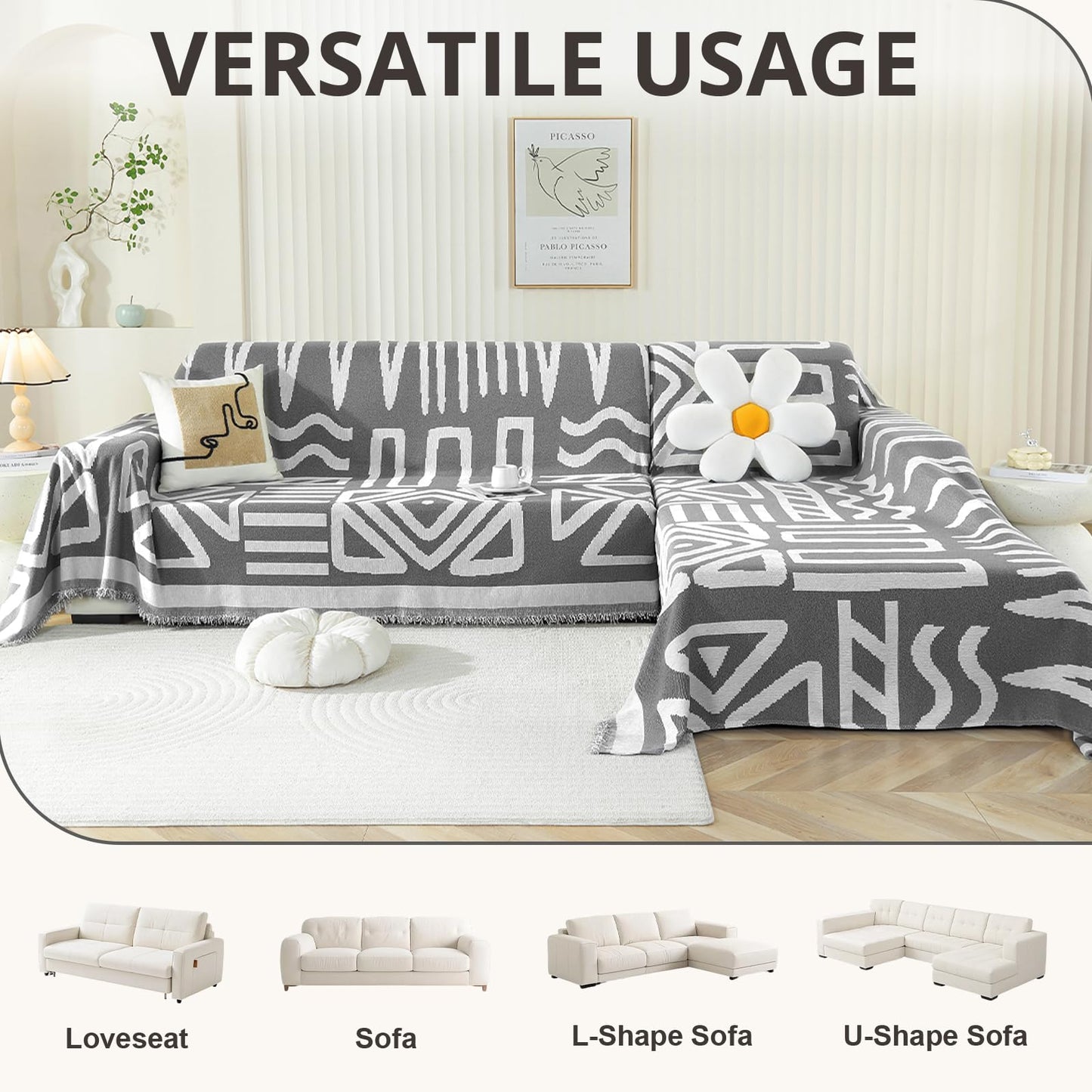 Royhom Sectional Couch Covers 2 Pieces, L Shaped Couch Cover Blanket, Boho Sofa Covers Washable, Sofa Slipcover with Tassel, Suitable for All Seasons (71"x118"+71"x118", Dark Grey)