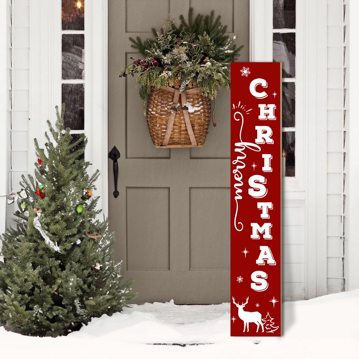 Merry Christmas Wooden Welcome Sign Vertical Porch Sign - Reindeer Snowflake Forest Wooden Wall Art Sign - Christmas Hanging Signs Decorations for Front Door Wall Display，47.2" H