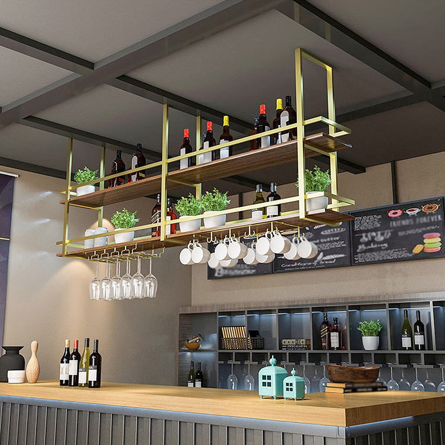 Ceiling Wine Glass Rack - 31.4in Hanging Wine Rack with Glass Holder and Shelf, 2 Layer Industrial Hanging Wine Bottle Holder, Gold Metal Ceiling Shelf for Bar Cafe Kitchen (Gold, 31.4×11.8×31.4in)