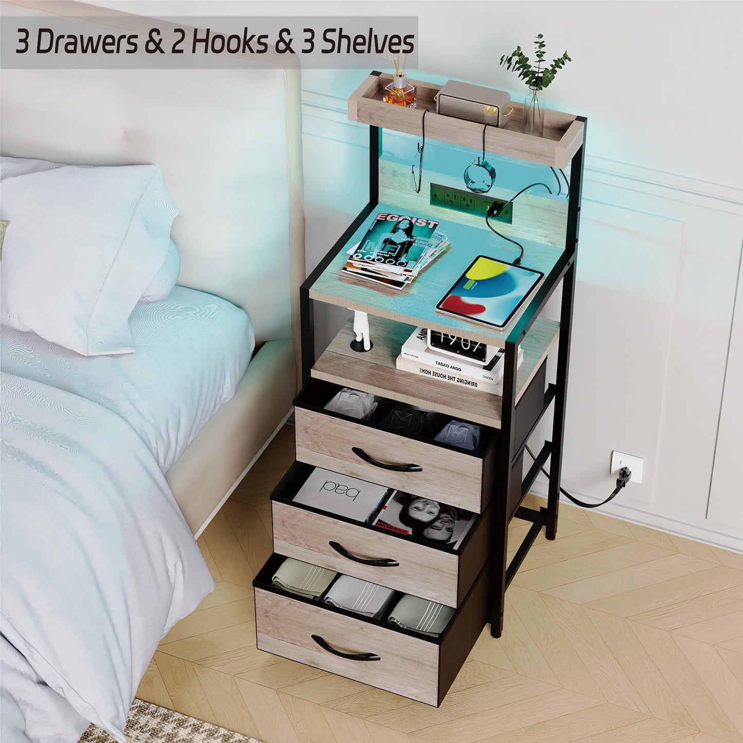 SZLHANJZ Night Stand with Charger Station, 3 Drawers Nightstand with Storage and LED Lights, Shelves, and Hooks, Bed Side End Table for Bedroom Dorm, Greige