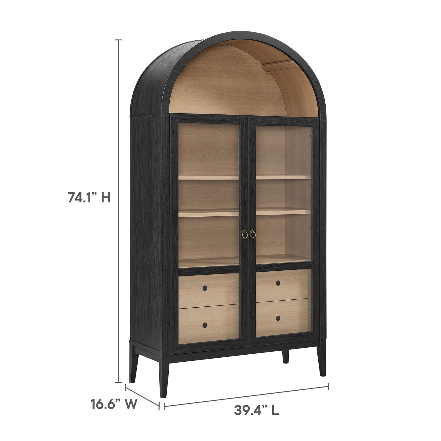Modway Nolan Tall Arched Storage Display Cabinet in Black Oak - 74 Inch Arch Bookshelf with Glass Doors, Shelves and Drawers - Modern Accent Cabinet for Living Room, Dining Room
