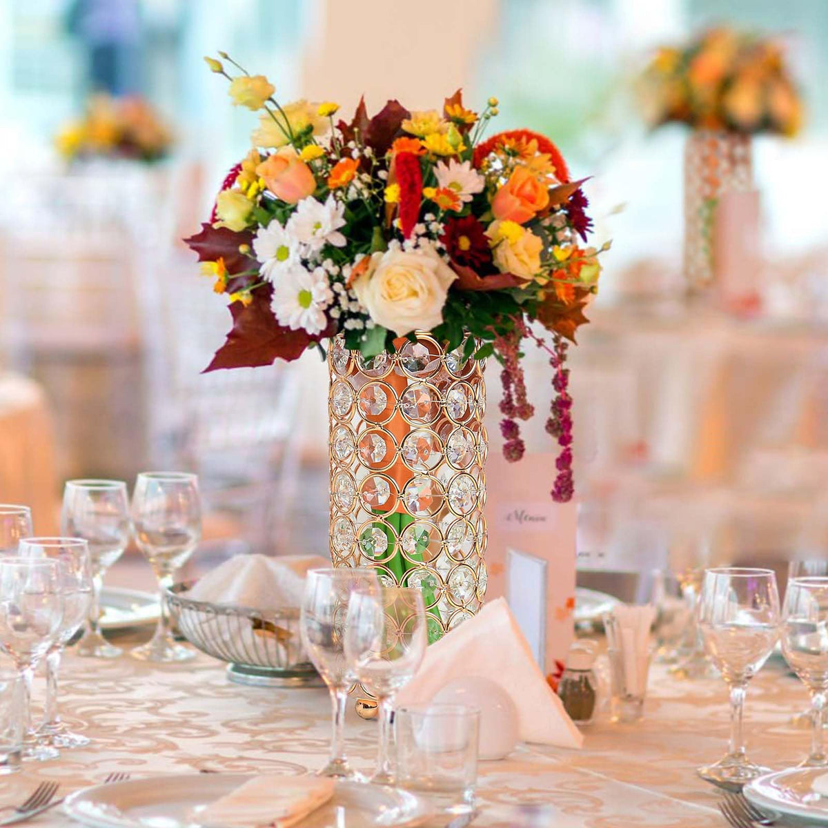KEHAIL 8 Pcs Crystal Metal Vase Centerpiece, 7.9" Cylinder Flower Vase and Hollow-Out Candle Holder for Wedding, Party, Home Table Decor (8, Gold)