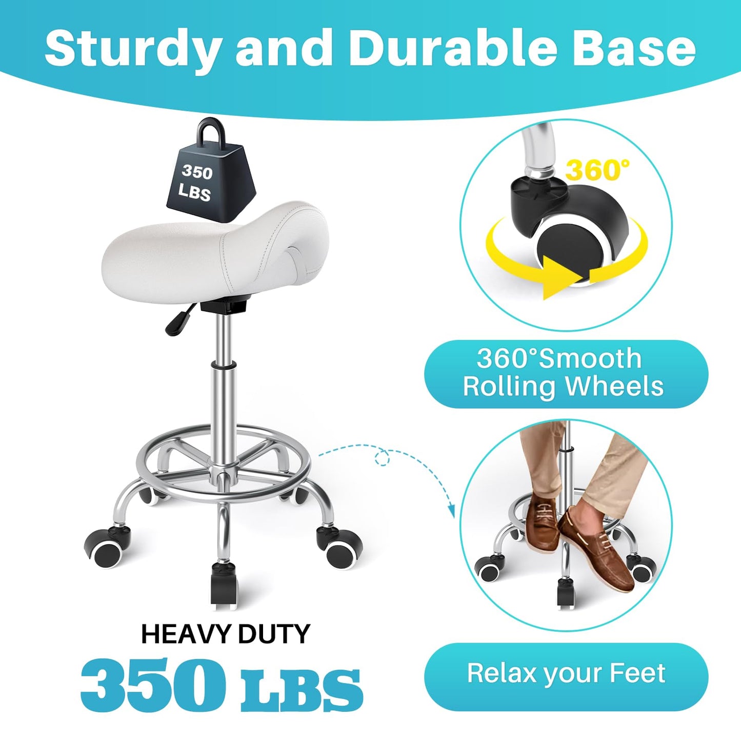 YEEZEE Saddle Stool Ergonomic- Comfortable Rolling Saddle Stool with Wide Thick Saddle Seat Padding, Swivel Adjustable Saddle Chair with Wheels and Ring Pedal for Medical Massage Salon (Classic White)