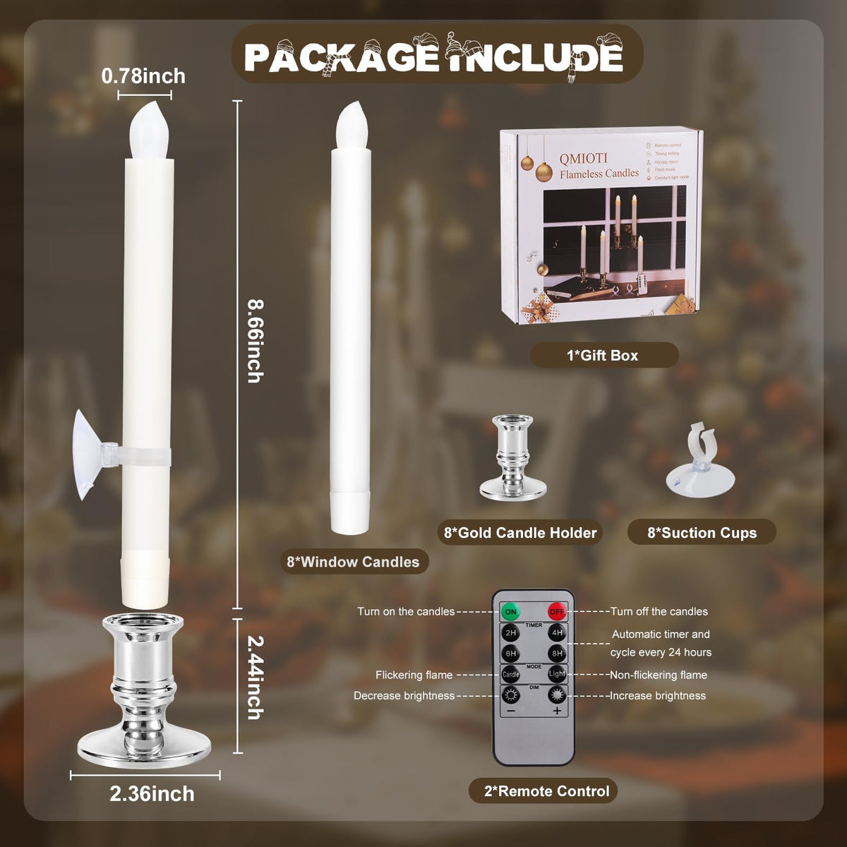 Qmioti 8 Pack Christmas Window Candles, Battery Operated Window Candles with Timer Remote, LED Window Candle with Candle Holders Suction Cups for Christmas Decorations, Silver