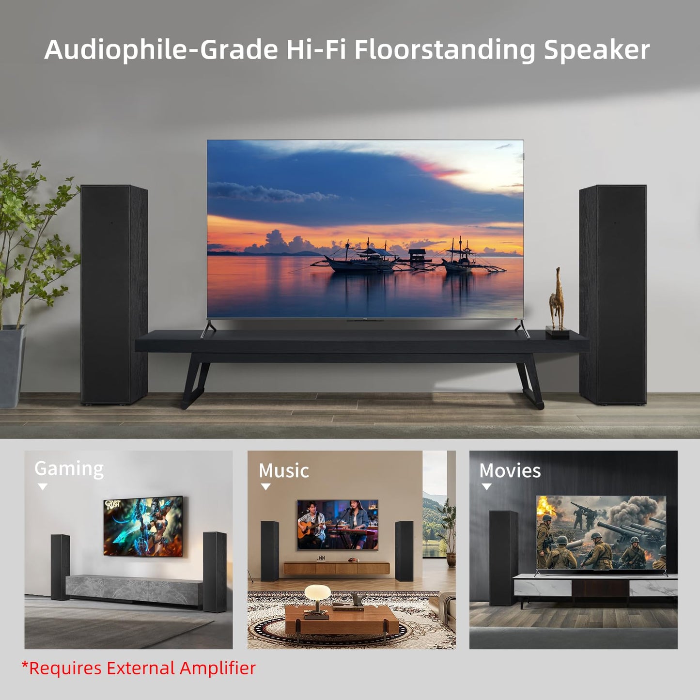 Elimavi Passive Floorstanding Stereo Speakers, Tower Design with 1" Tweeter and 6.5" Woofer, Two-Way System, 4-Ohm Impedance, 120W RMS, Sturdy MDF Cabinet, Ideal for Home Theater Systems, Black
