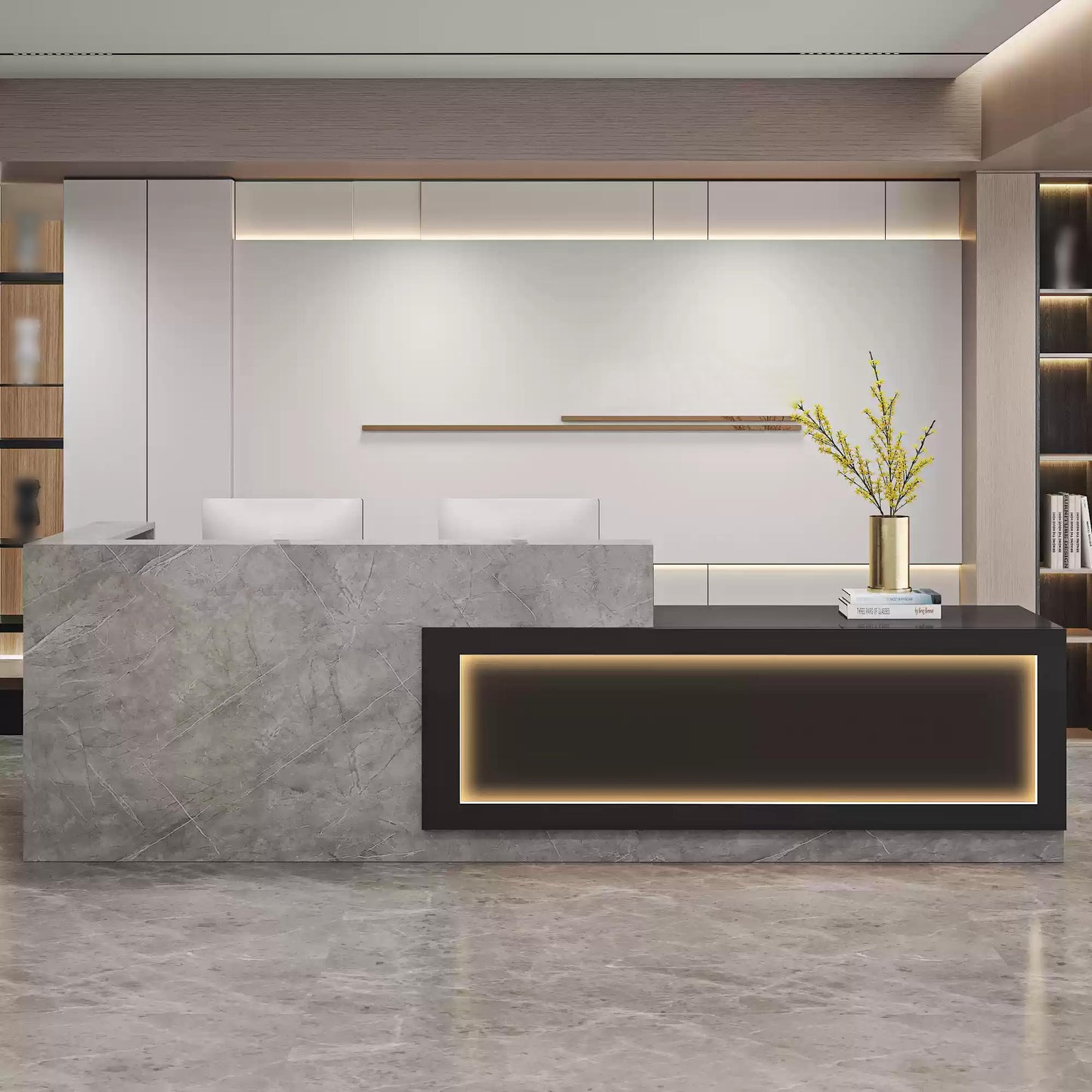Modern Reception Desk with Counter, Lockable Drawer & Cabinet, LED Light Strip - Stylish Receptionist Station for Office, Salon, Boutique, Lobby & Shop