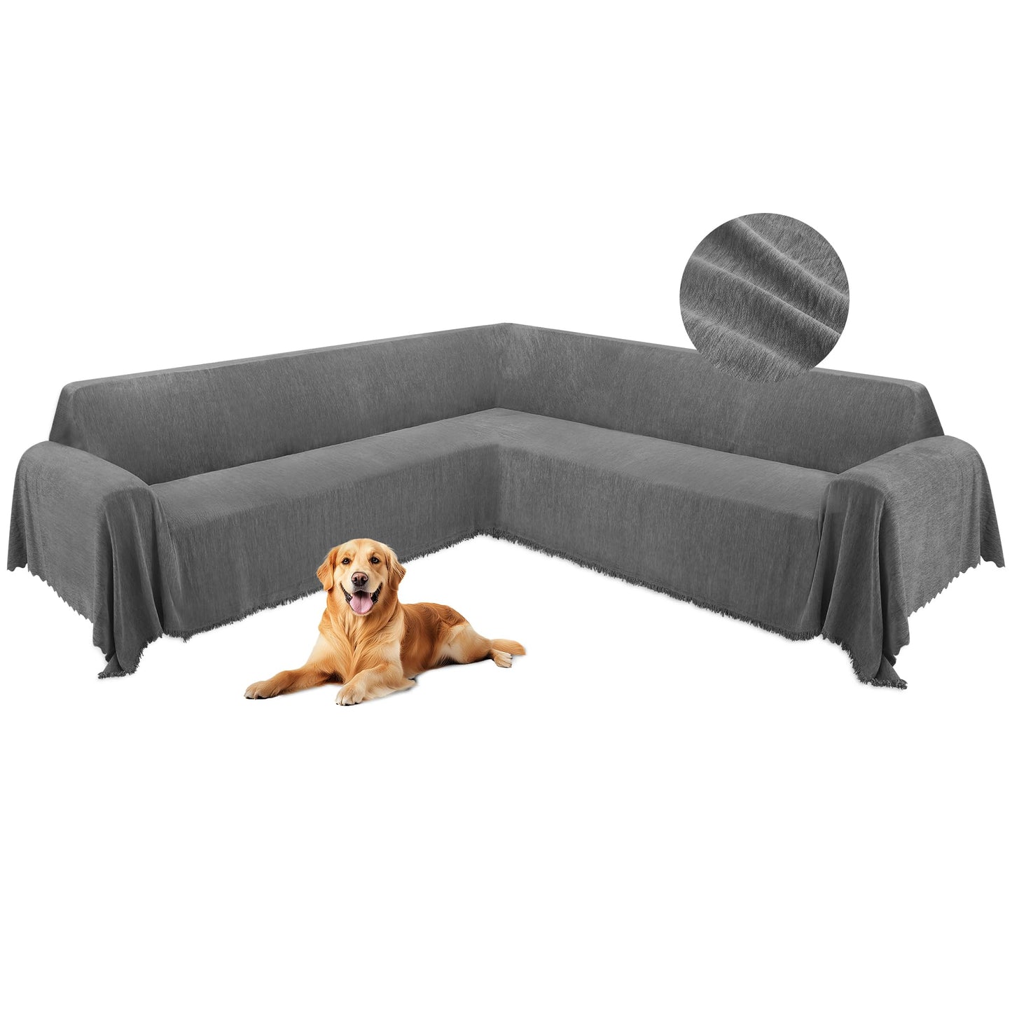 HDCAXKJ Corner Sectional Couch Covers for Dogs L Shape Sofa Cover with Tassel Chenille Super Soft Non Slip U Shaped Couch Cover Blanket Washable Sofa Slipcovers Protector (Light Gray, 91x276 inch)