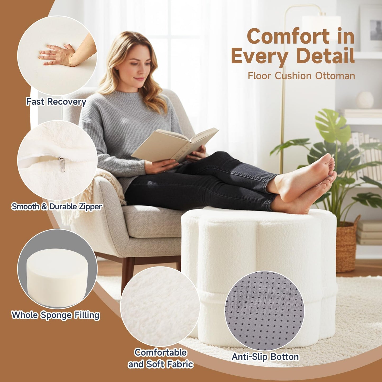 Tiita Floral Pouf Ottoman, Foot Stools Ottoman with Foam Chunk Filling, Puff Foot Rest for Couch, Living Room, Kids Room, Cream