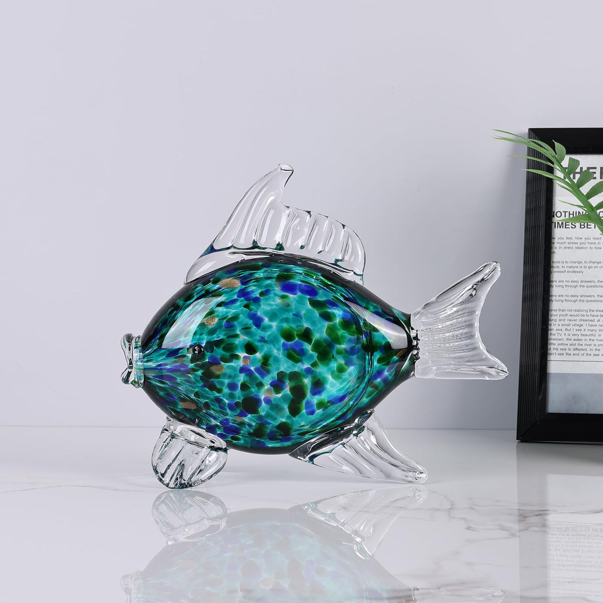 LINYTHER Large Glass Fish Figurine for Home Decor, Hand Blown Art Glass Ocean Animal Statue, Decorative Coastal and Beach Themed Sculpture for Table, Shelf, Bathroom, Living Room or Office