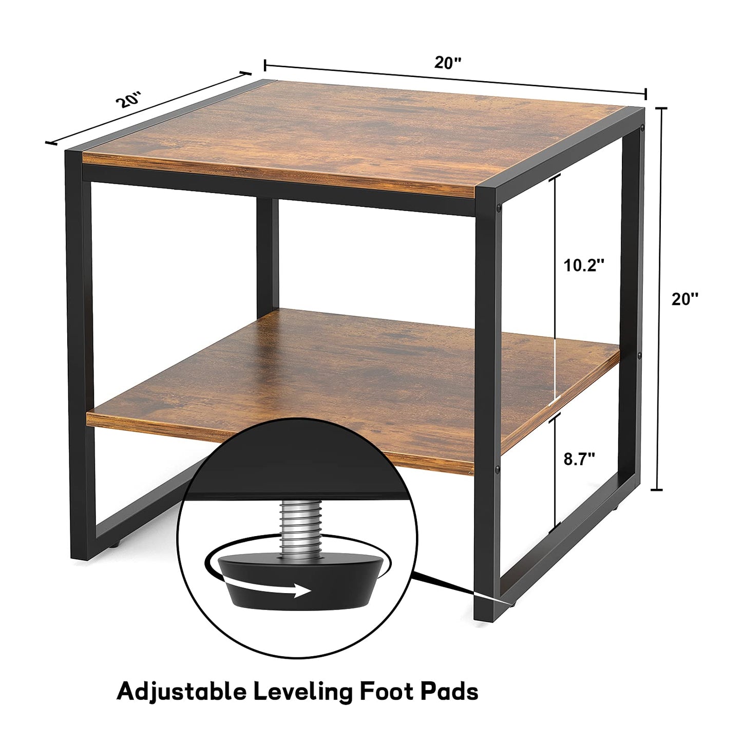 Homieasy End Table, 20 Inch Square End Table, Mini Fridge Stand with 2-Tier Storage Shelves, Industrial Wood Side Table Small Table Stand for Living Room, Bedroom, Office, Rustic Brown