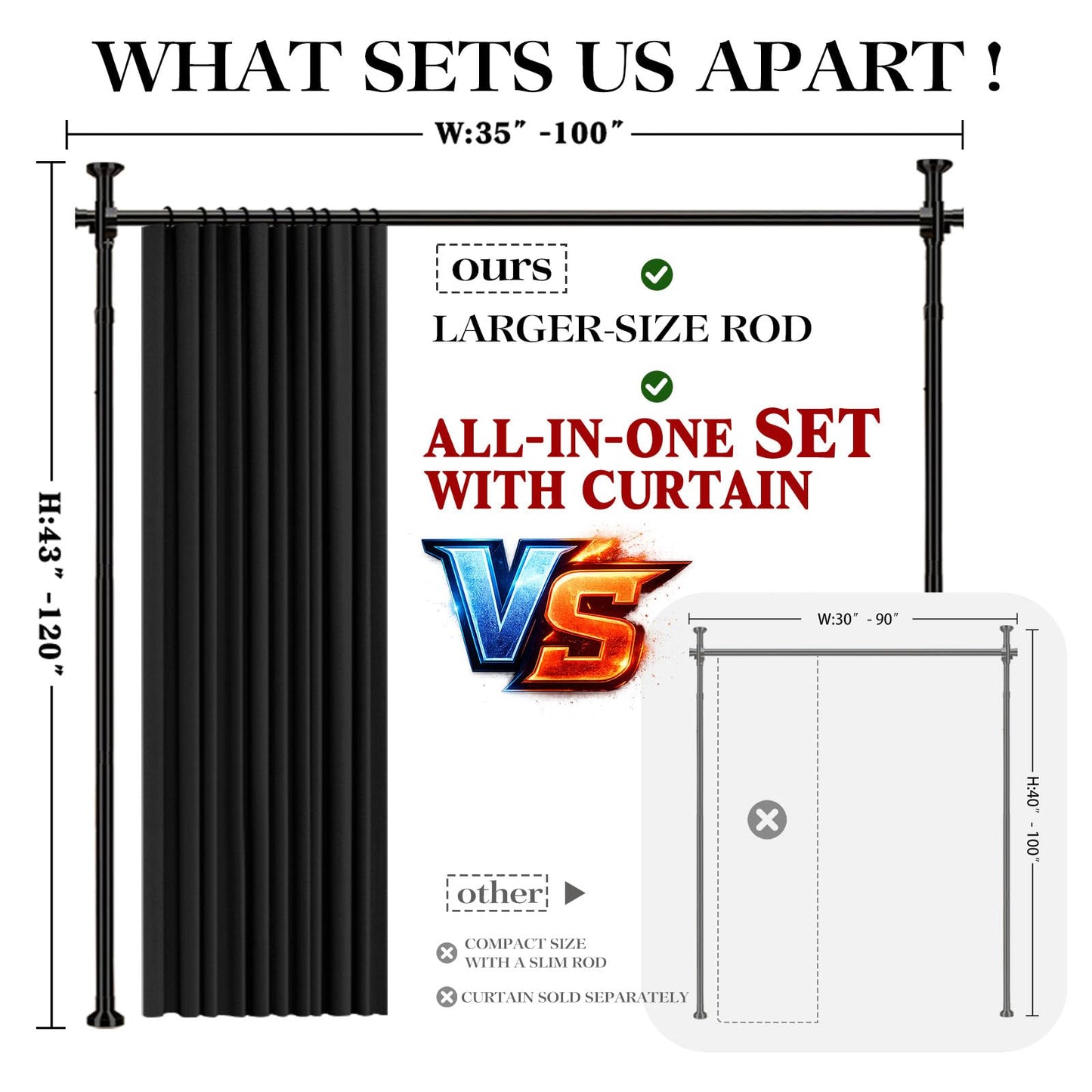 GONNRLY Room Divider Curtain Set-No Drilling Curtain Rod Set, Room Divider Wall for Partition Room Dividers, Bedroom Divider Black-100 W x 84" L(Pack of 1)