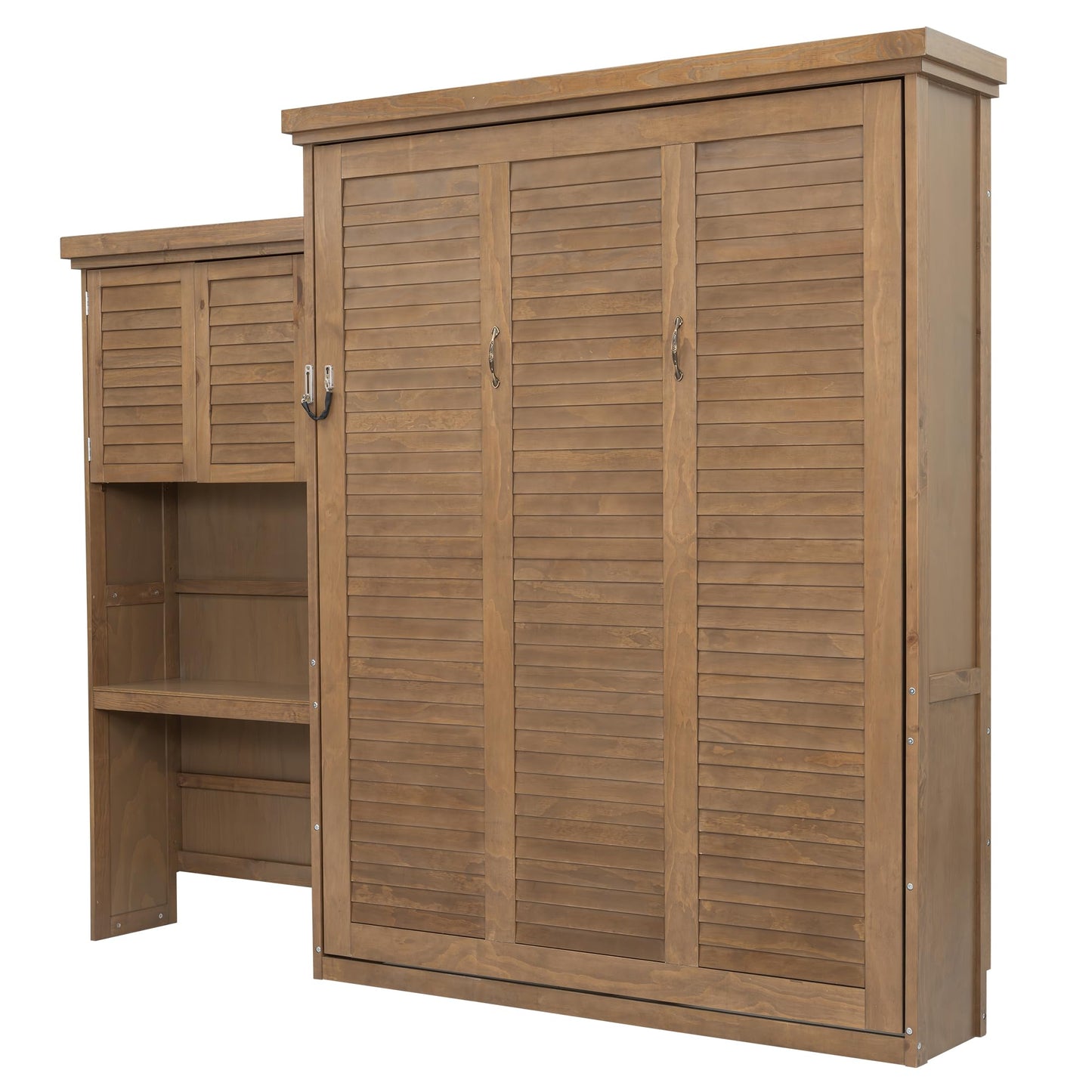 HECATEVIC Murphy Bed with Bookshelf, Wall Bed Cabinet with Storage Shelves, Space Saving Solid Wood Foldable Bed Frame, Queen Size, Burlywood