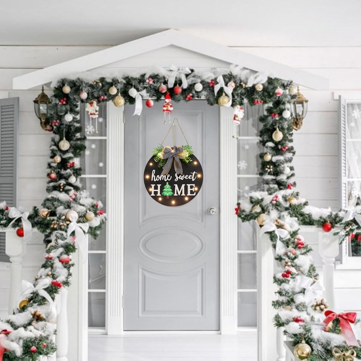 Interchangeable Welcome Sign for Front Door with 14 Changeable Icons, Farmhouse Front Porch Decor Rustic Wooden Wall Sign with 12 LED Lights, Outdoor Seasonal Welcome Home Decorations (Black1)