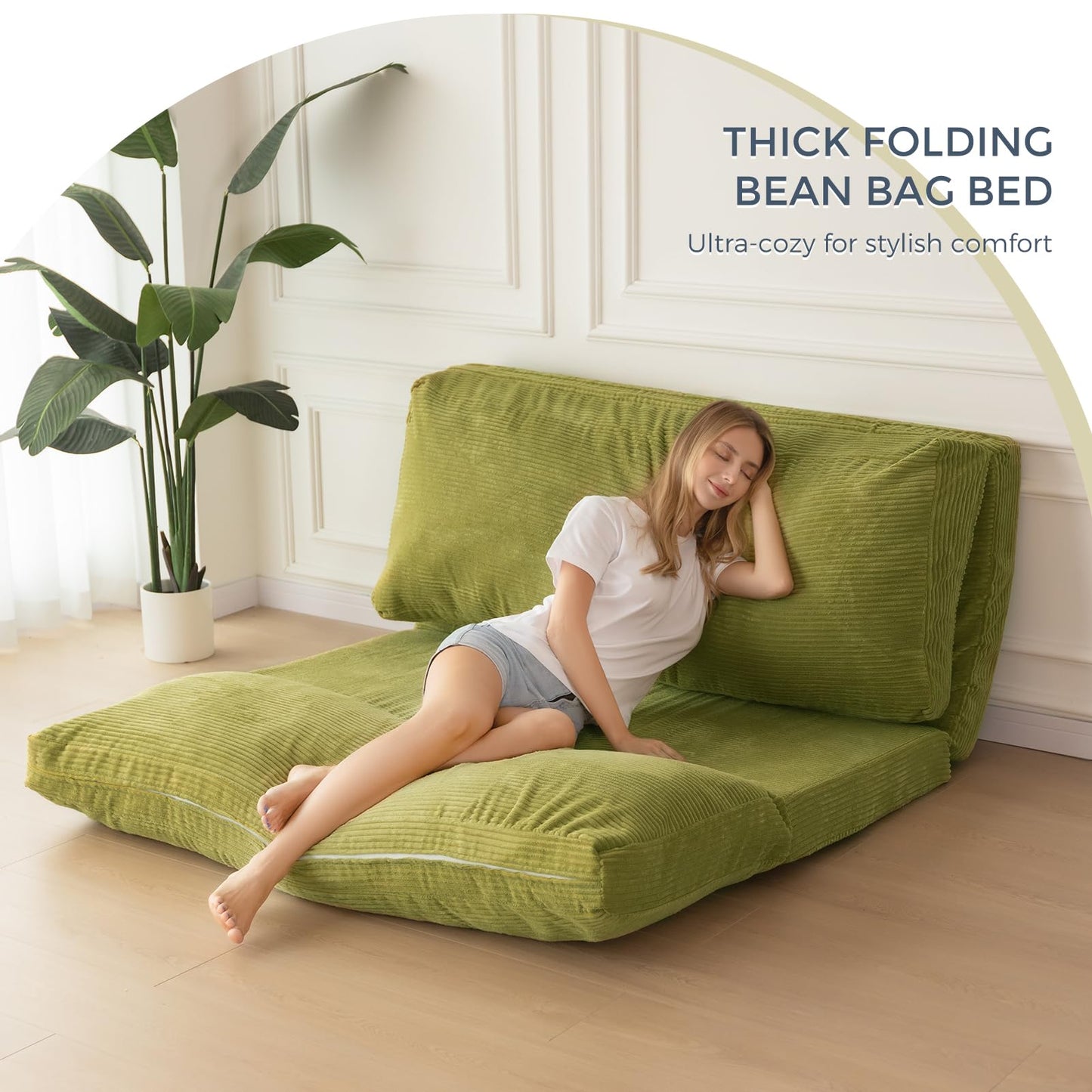 MAXYOYO Folding Sofa Bed, Extra Thick and Long Floor Sofa Convertible Chair with Washable Cover, Floor Couch Lounge Bean Bag Bed for Living Room, Green, 30x91 Inch
