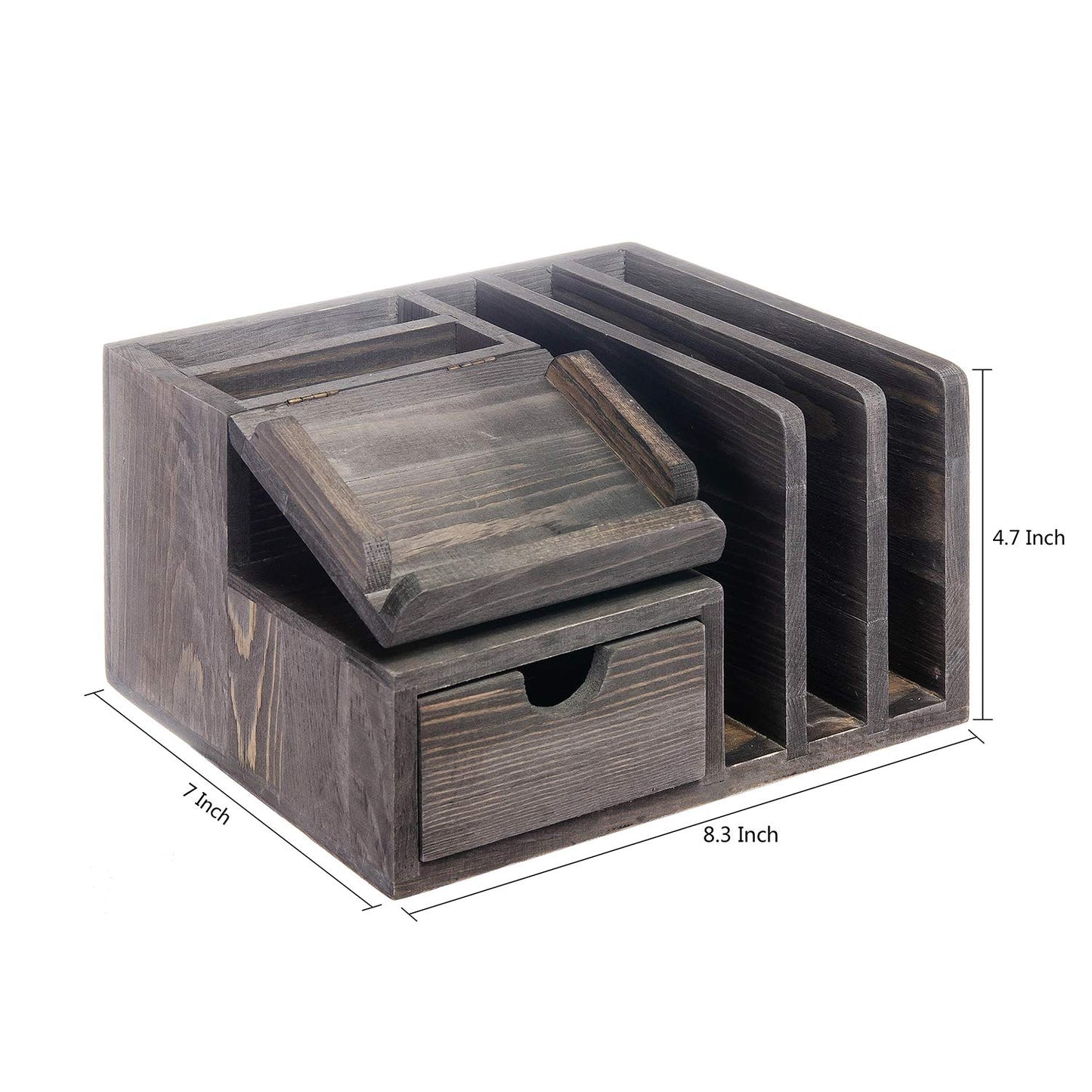 Liry Products Gray Rustic Wood Desk Organizer Storage Cabinet Mail File Paper Sticky Note Memo Pad Folder Office Supplies Caddy Tabletop Holder Accessory Sorter Multiple Compartments with Drawer Home