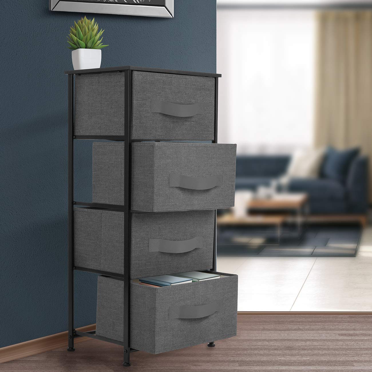 Sorbus Nightstand with 4 Drawers - Bedside Furniture & Night Stand End Table Dresser with Steel Frame, Wood Top, Easy Pull Fabric Bins for Home, Bedroom Accessories, Office & Dorm