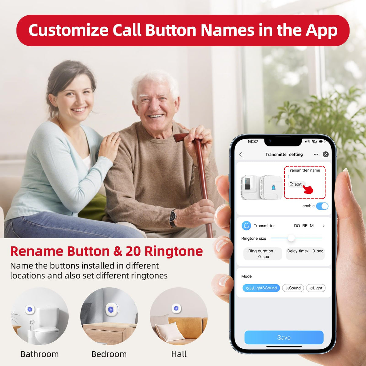 CallToU Wi-Fi Wireless Caregiver Pager Call Button for Elderly at Home , APP Emergency Alert for Seniors, Patients, and the Disabled with 2 Call Button, 1 Watch Button, 1 Receiver (2.4GHz Wi-Fi)