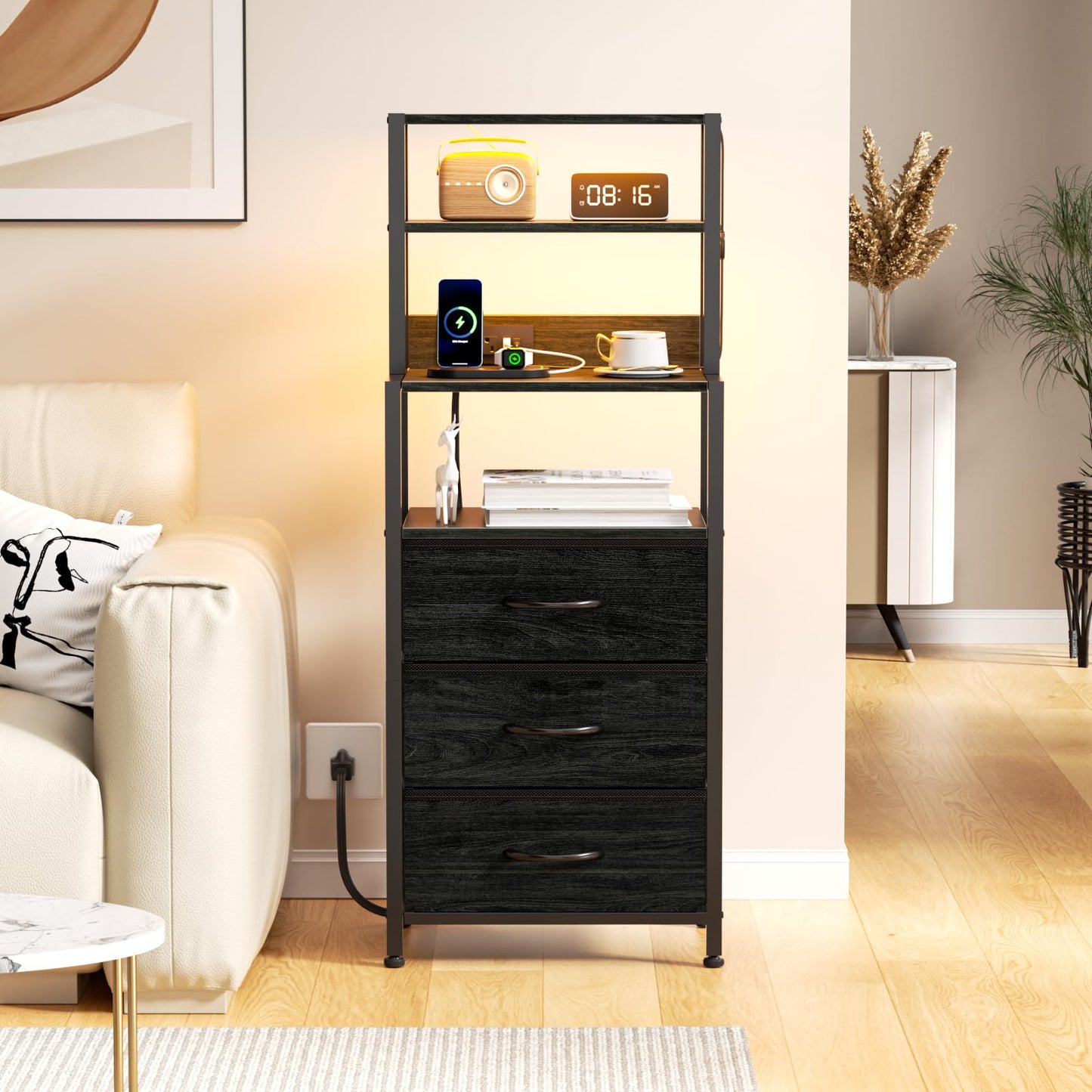 Furnulem Night Stand, Tall Nightstand with 4-Tier Shelves and 3 Fabric Drawers, LED Bed Side Tables with Charging Station, Bedside Table for Bedroom, Hallway, Home Office, Black Oak