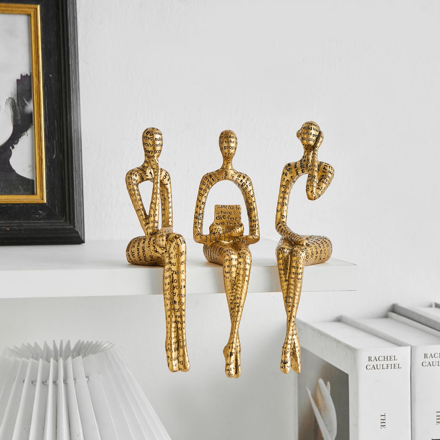 FJS Thinker Sculpture Statue Gold Home Decor, Modern Abstract Art Figurines for Bookshelf Desk Office, Decorations for Living Room Accent, Gift for Book Lovers (Gold)