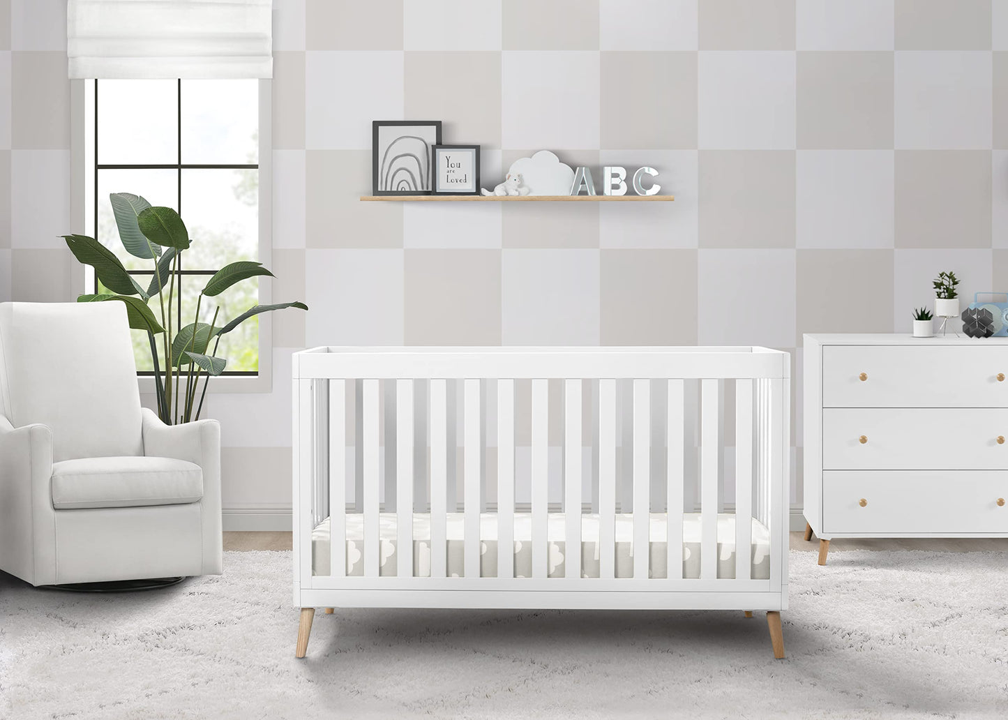 Delta Children Essex 6 Drawer Dresser and 4-in-1 Convertible Crib, Bianca White/Natural