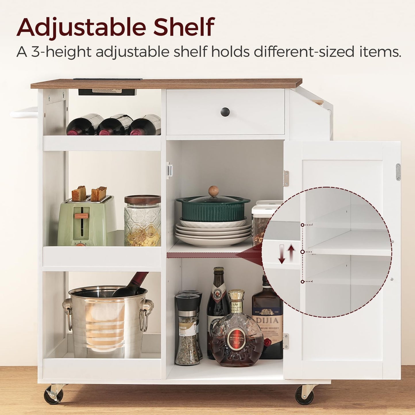 MAHANCRIS Kitchen Island with Power Outlet, Kitchen Storage Island with Drawer, Rolling Kitchen Cart on Wheels, Spice Rack, Towel Rack, Wine Rack, for Dining Room, White and Walnut KIBZ122E01