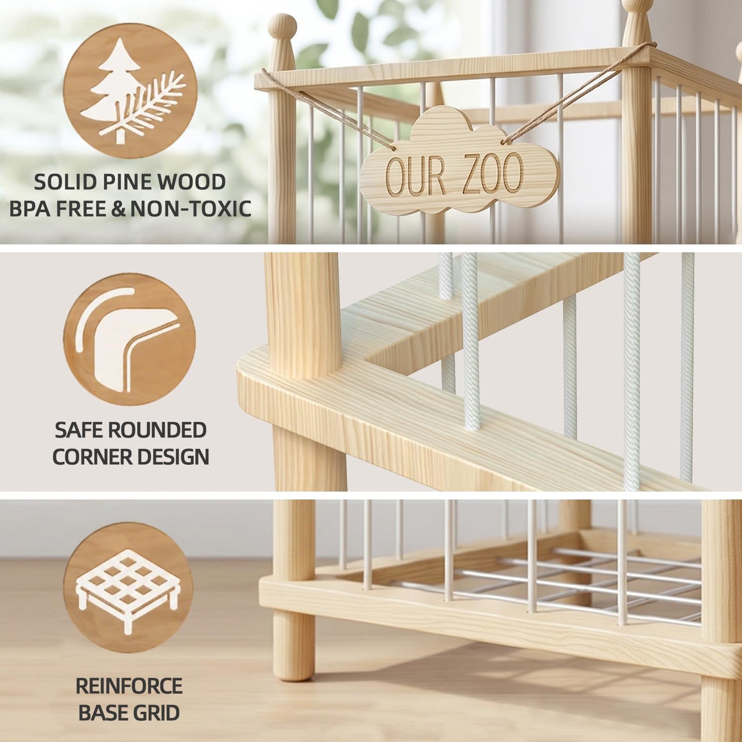 MIRCNY Stuffed Animal Storage Zoo - 54 Inch Large Wooden Toy Organizer | Anti-Tip Design Plushie Storage Rack for Nursery & Playroom | Easy Assembly