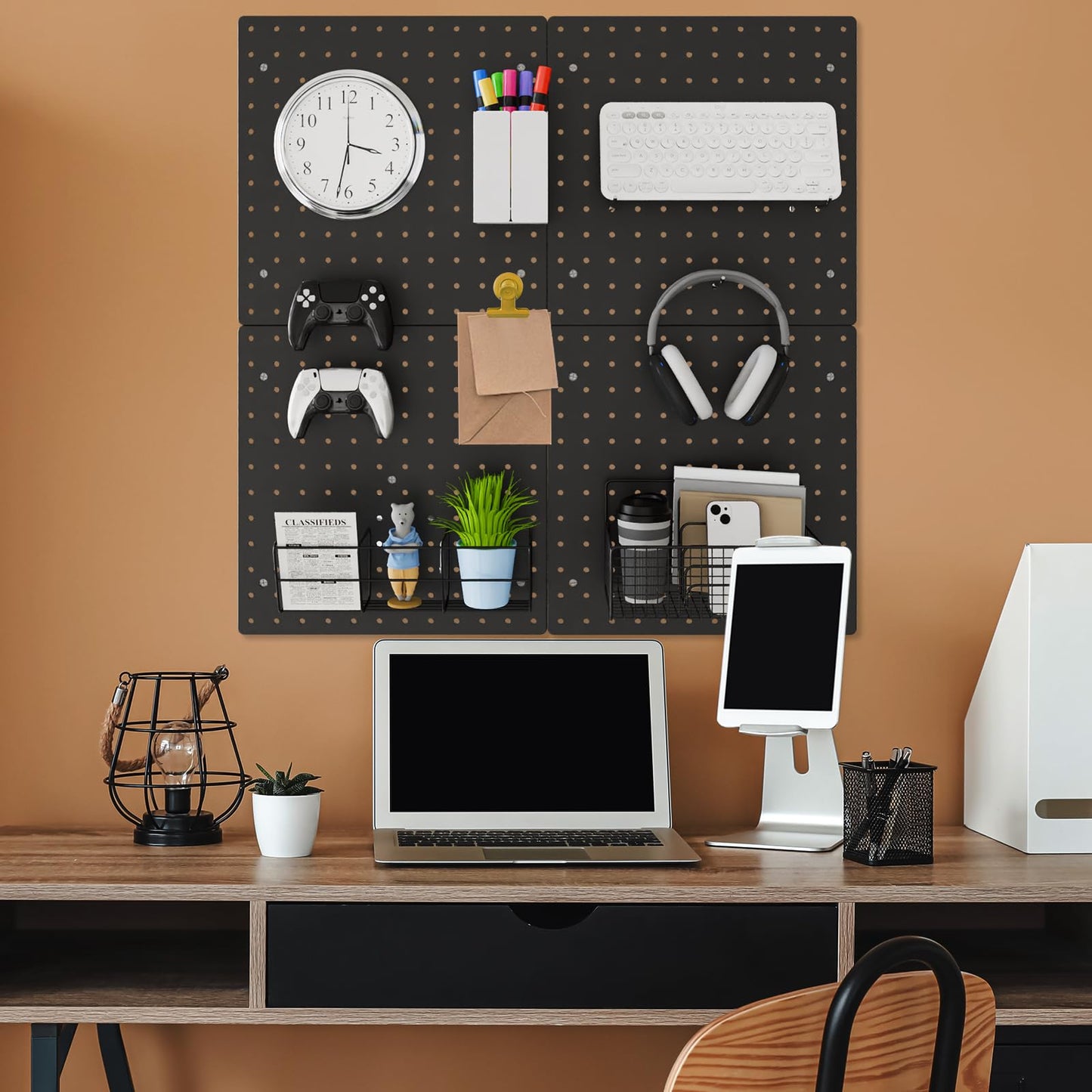 FZK PegBoard, 4 Pack Peg Board 12 * 12inch, Pegboard Wall Organizer, ABS Peg Board for Walls, Black Plastic pegboard, Suitable for Office, Craft Room, Kitchen and Ornament Display