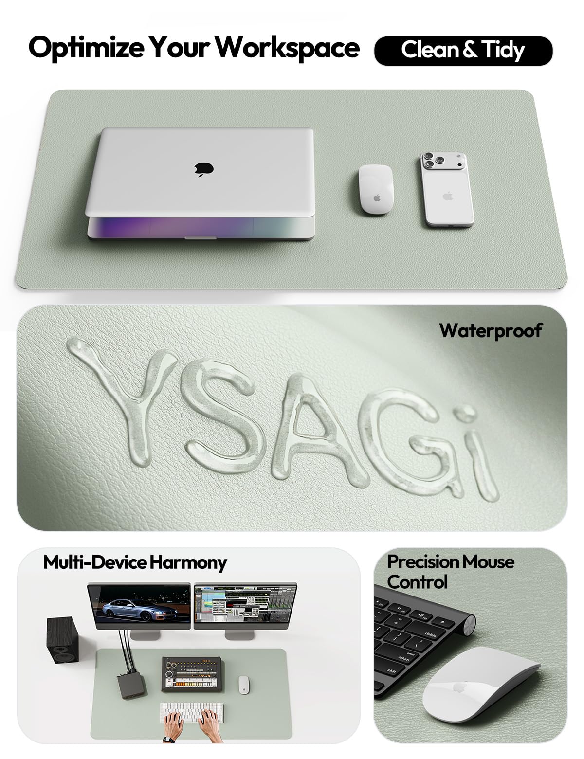YSAGi Leather Desk Protector, Office Mat, Large Mouse Mat, Non-Slip PU Leather Blotter, Laptop Pad, Waterproof Writing Pad for Office and Home (Grayish Green, 31.5" x 15.8")