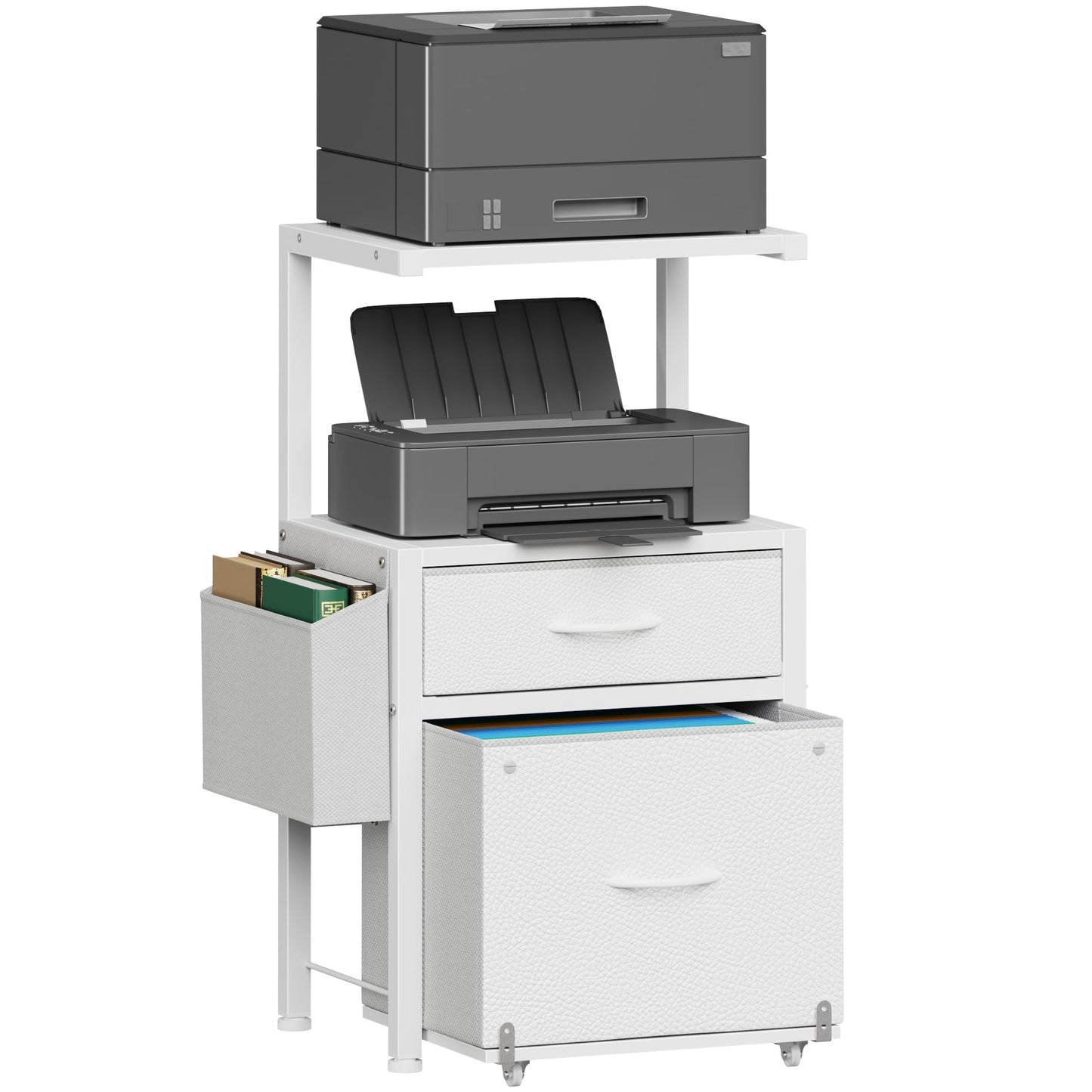 HIGDBFE File Cabinet with 2-Tier Shelf, Letter Size Drawer Filing Cabinet with Reversible Side Bag, Vertical Office Cabinet Printer Stand with Storage for Home Office, White, 16.5" W