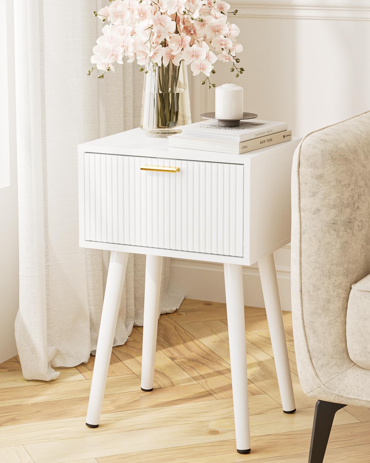 ASACESCU Night Stand, White Nightstand with Fluted Door, Small Modern Mid-Century Bedside Table for Bedroom, End Table for Living Room