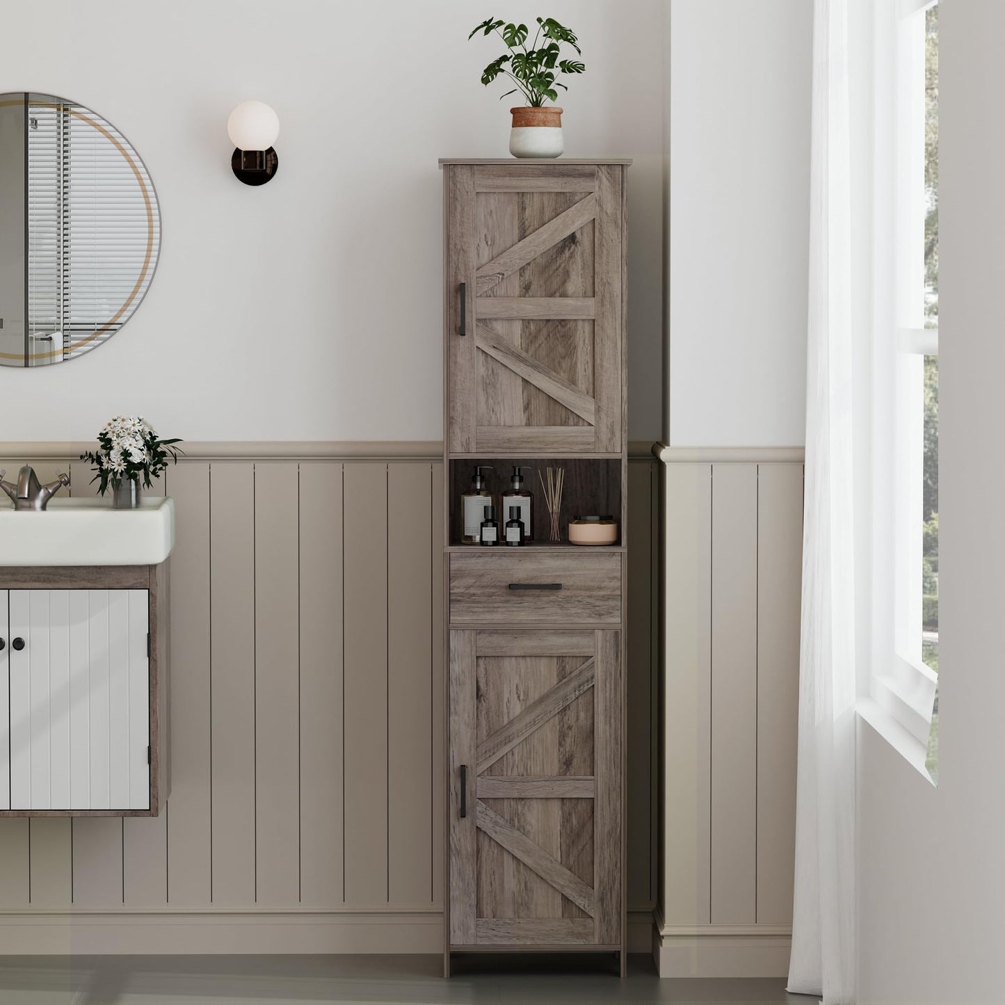 Homhedy 67" H Tall Bathroom Storage Cabinet with 2 Barn Doors and 1 Drawer, Narrow Storage Unit, Adjustable Shelves, Floor Cabinet for Bathroom, Living Room, Entryway, Kitchen, Greige, (15.7" W)