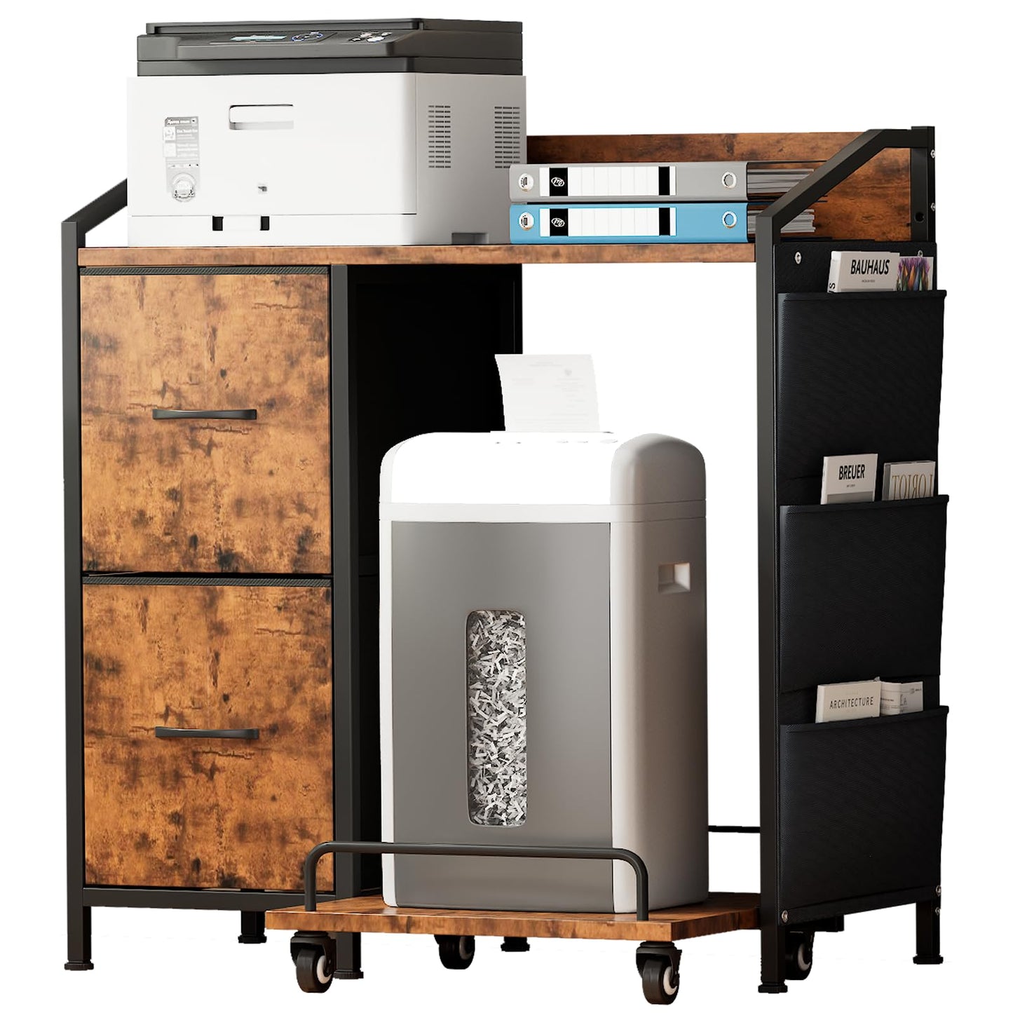 WODRAWER Printer Stand with Fabric Drawers, Lateral Office Filing Cabinets with Power outlets & USB Charging Port, File Cabinet with Large Printer Stands for Home Office, Shredder Stand (Rustic Brown)