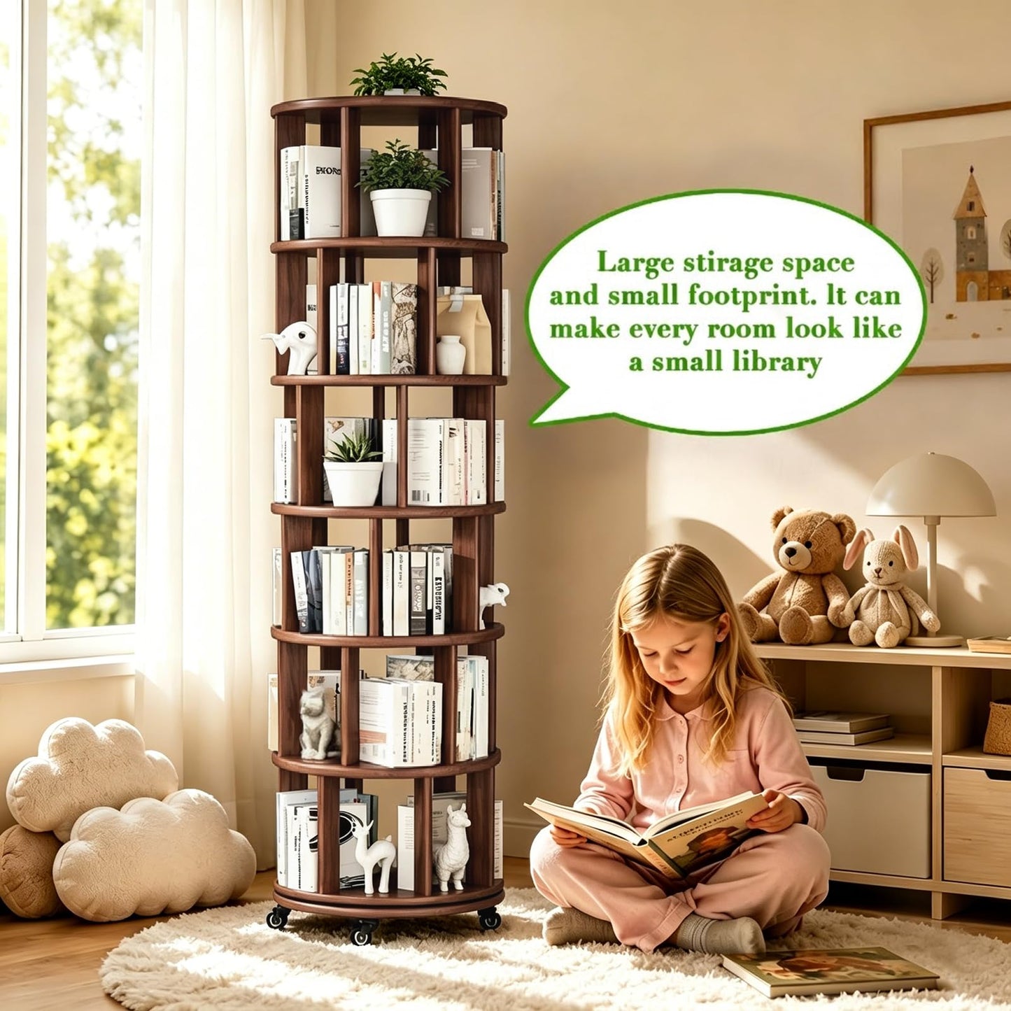 Azlafu 6 Tier Rotating Solid Wood Bookshelf, Corner Small Bookshelf Lazy Susan Organizer,Circular Rotating Spinning Bookshelf on Wheels, Revolving 360° Bookshelf for Small Spaces for Bedroom