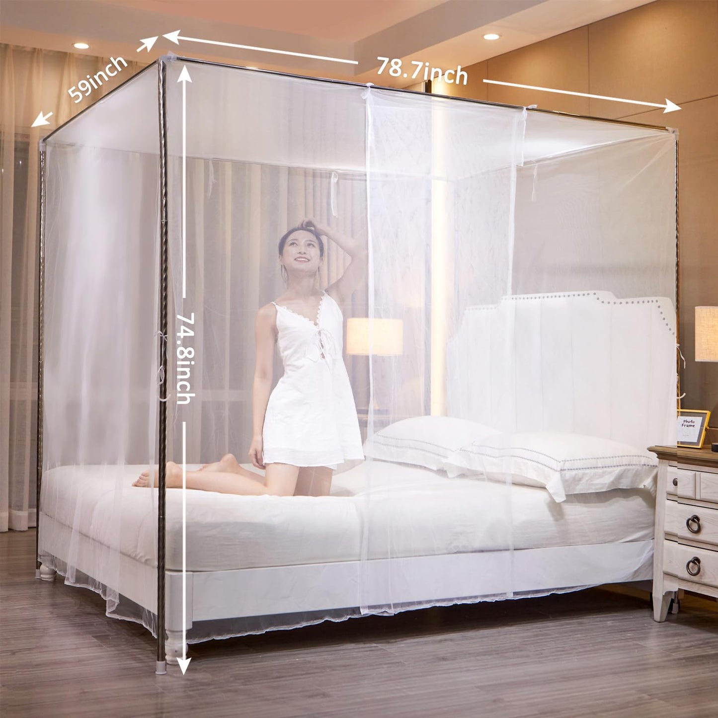Niemro White Mosquito Net Tent for Bed，One Side Opening Canopy Netting Curtain Net for Bedroom Decoration for Queen Size（Without Bed Frame）
