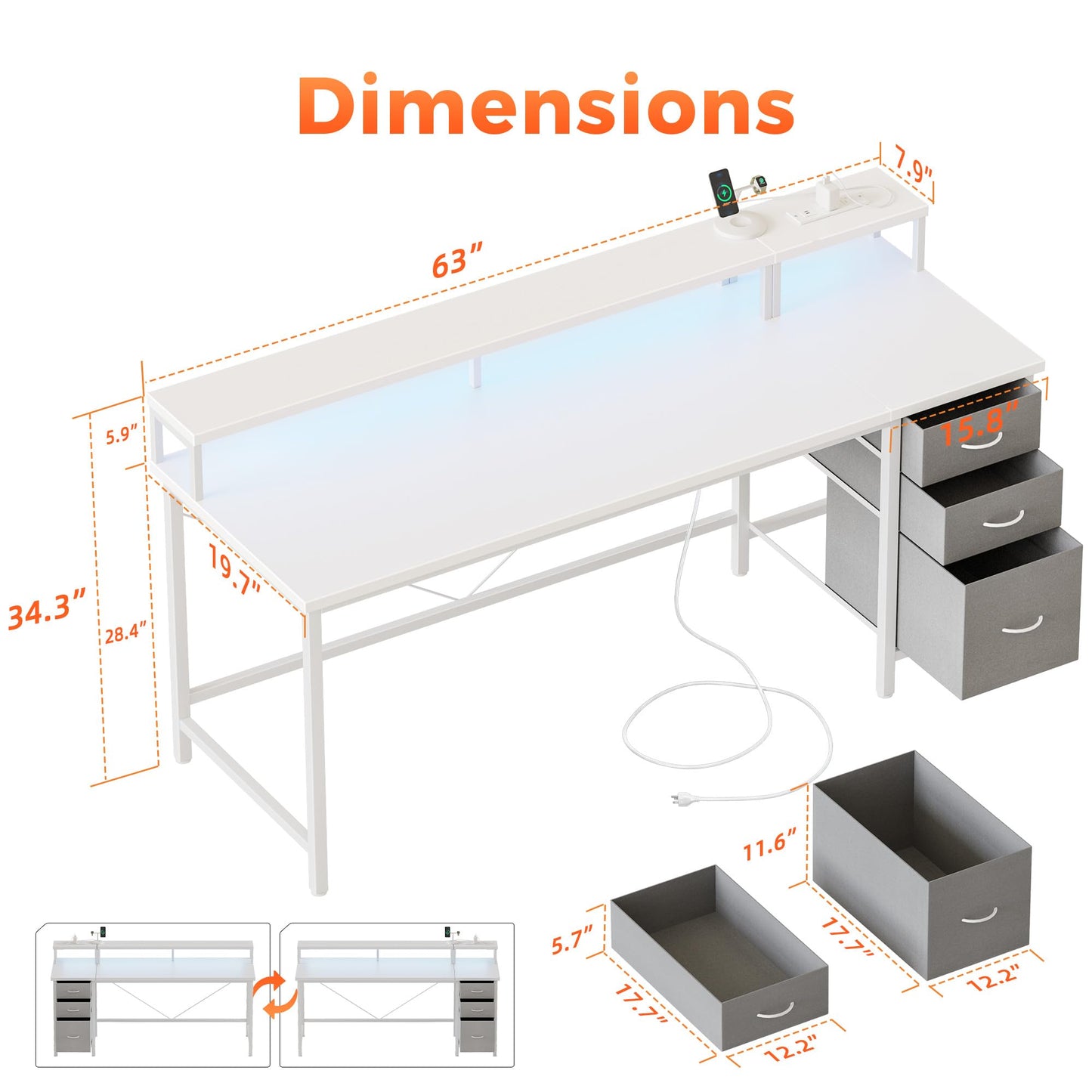 Mericonia 63 inch Computer Desk with Storage Drawers & Monitor Stand, Reversible Gaming Desk with LED Lights & Power Outlets, Large Gaming Table for Home Office