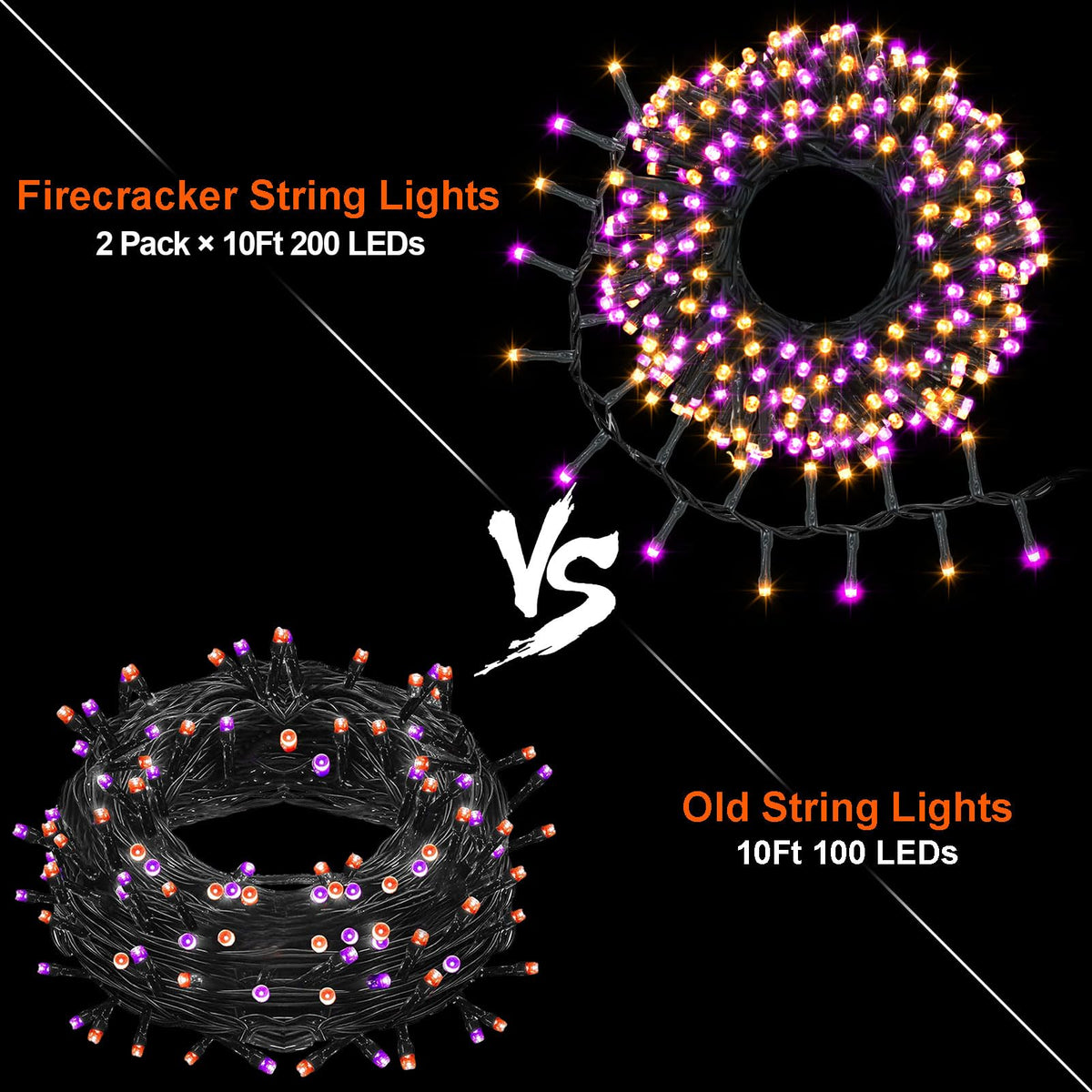 BSGlobal Purple Orange Halloween String Lights Battery, Total 20Ft 400 LED Cluster String Lights with Timer 8 Modes Firecracker Lights Outdoor Waterproof for Tree Home Decor