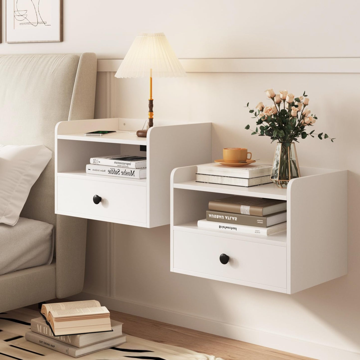 Floating Nightstand Set of 2 Modern Night Stands with Drawer and Open Shelf Cubby Small Bedside End Table with Charging Station Wall Mounted Nightstands Set 2 for Bedroom White