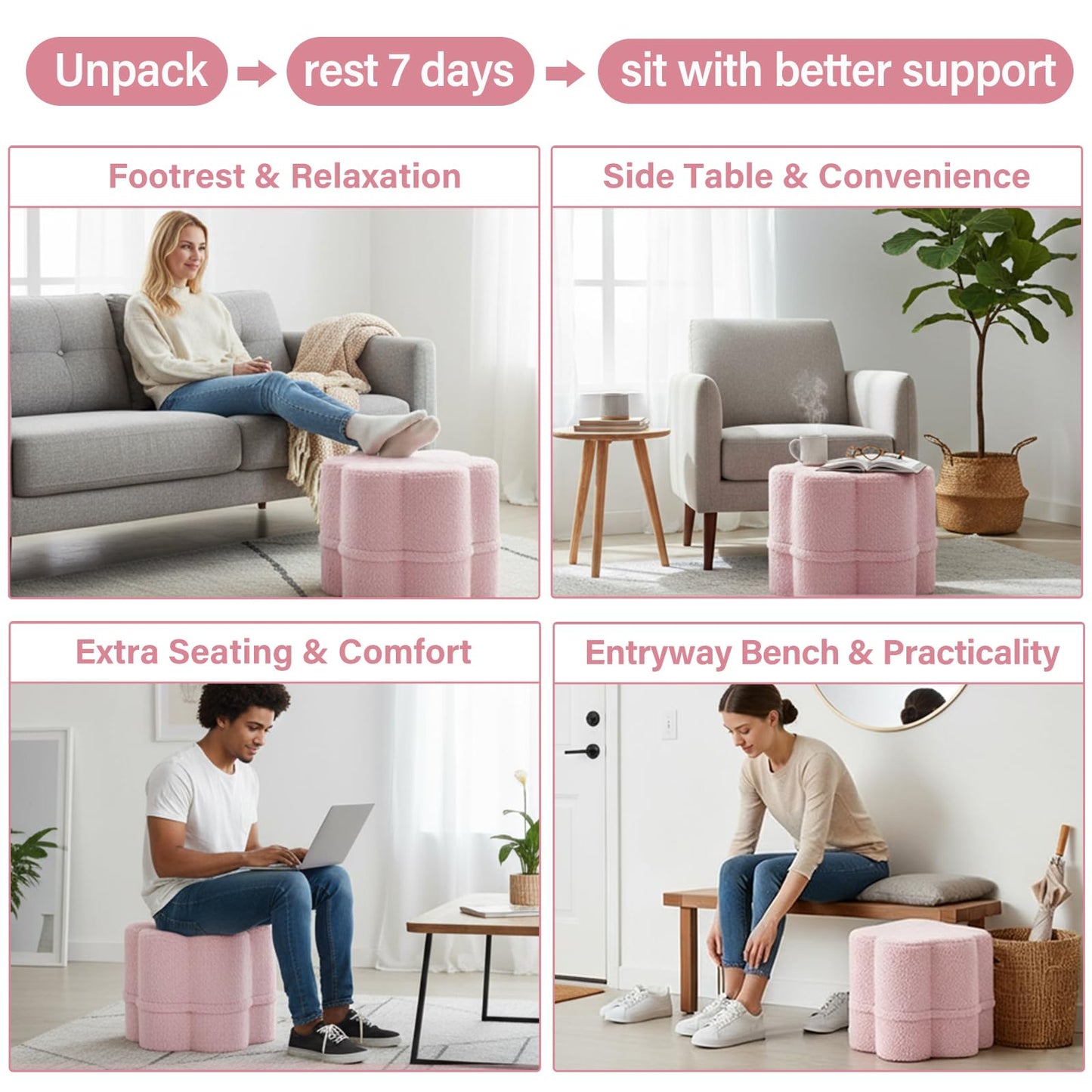Tiita Floral Pouf Ottoman, Foot Stools Ottoman with Foam Chunk Filling, Puff Foot Rest for Couch, Living Room, Kids Room, Pink