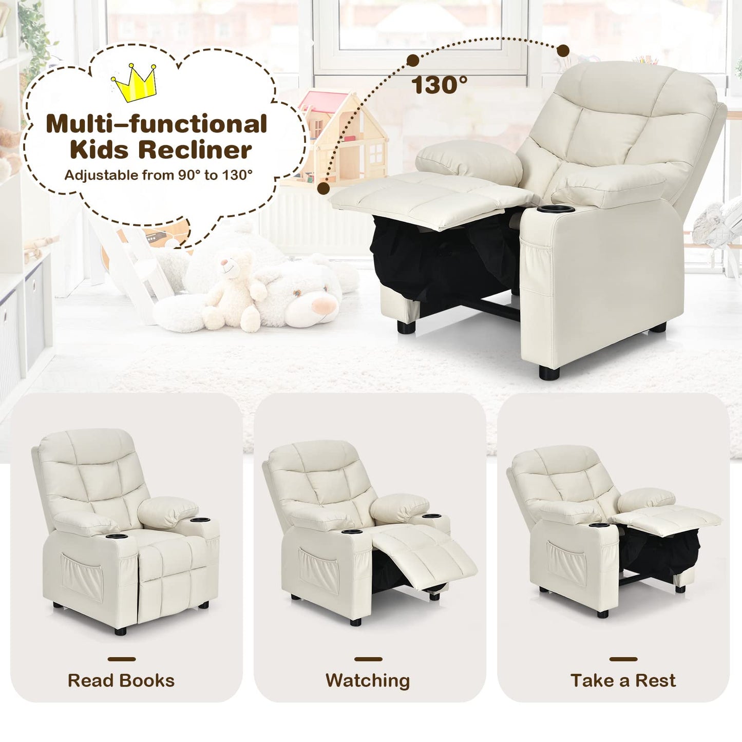 Costzon Kids Recliner Chair with Cup Holder, Adjustable Lounge Chair w/Footrest & Side Pockets for Children Boys Girls Room, Ergonomic Toddler Furniture Sofa, Kids Recliner (Beige)