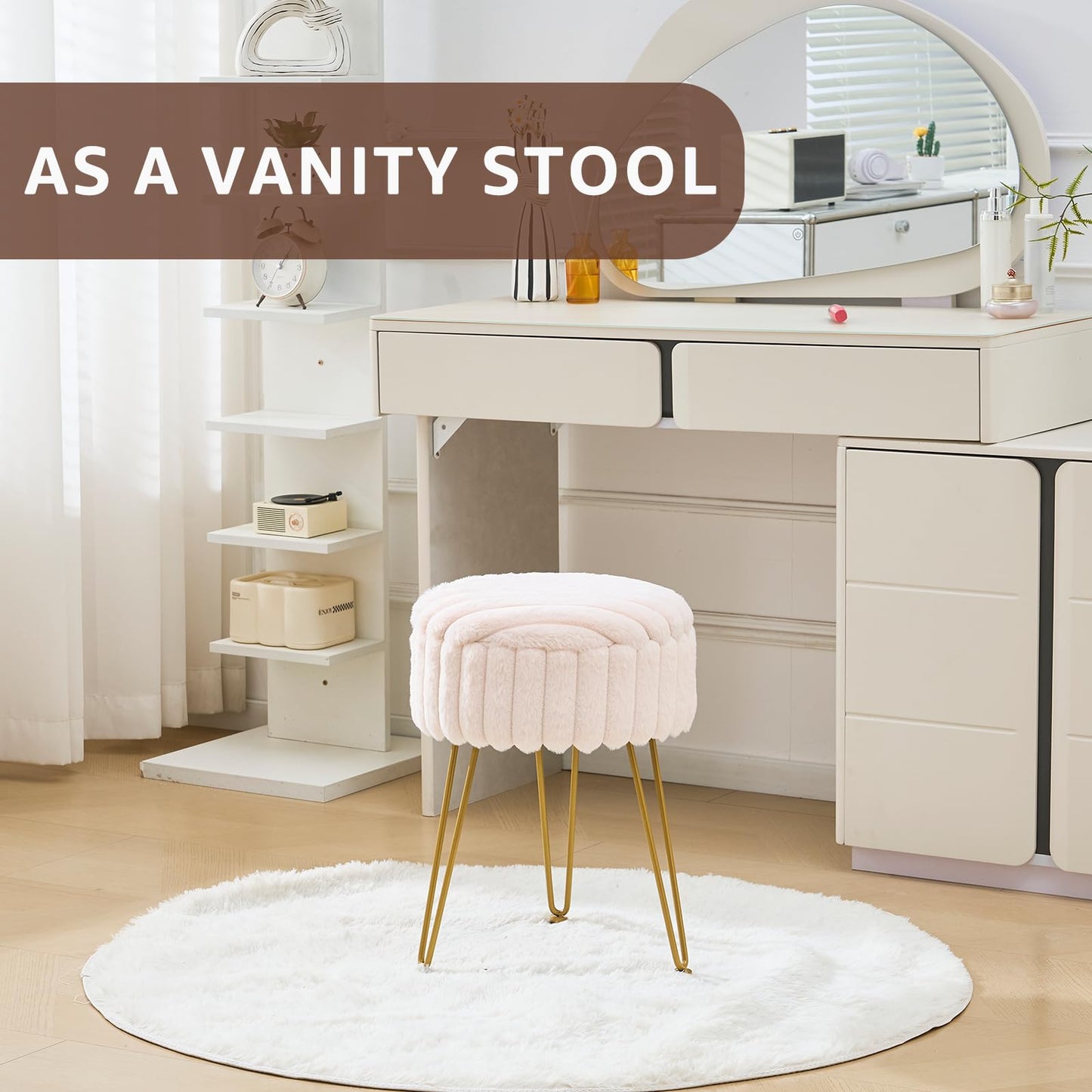 Wimarsbon Vanity Stool with Storage, Faux Fur Ottoman Chair with Metal Legs, Round Makeup Vanity Chair for Bedroom or Dressing Table, Modern Small Ottoman Seat (Champagne-1)