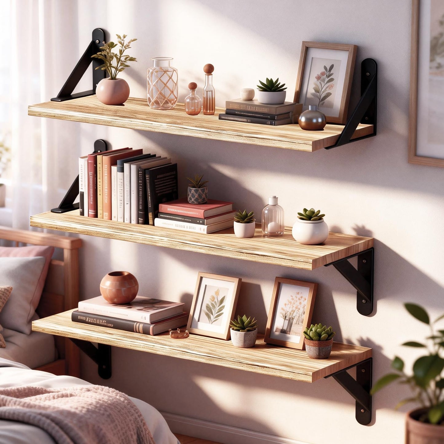 lonllidin Wall Mounted Floating Shelves Set of 6,Wood Floating Wall Shelf,Rustic Wood Storage Display Wall Shelves for Wall Home Decor,Bedroom,Bathroom,Living Room,Kitchens,Offices,Rustic Brown