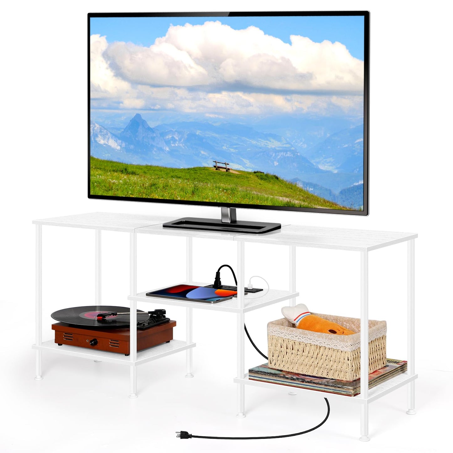 White TV Stand Bedroom with Power Outlets, Small Entertainment Center Stand with Open Storage Shelves for TVs up to 50 Inch, Wood TV Media Console Table with for Living Room, Bedroom