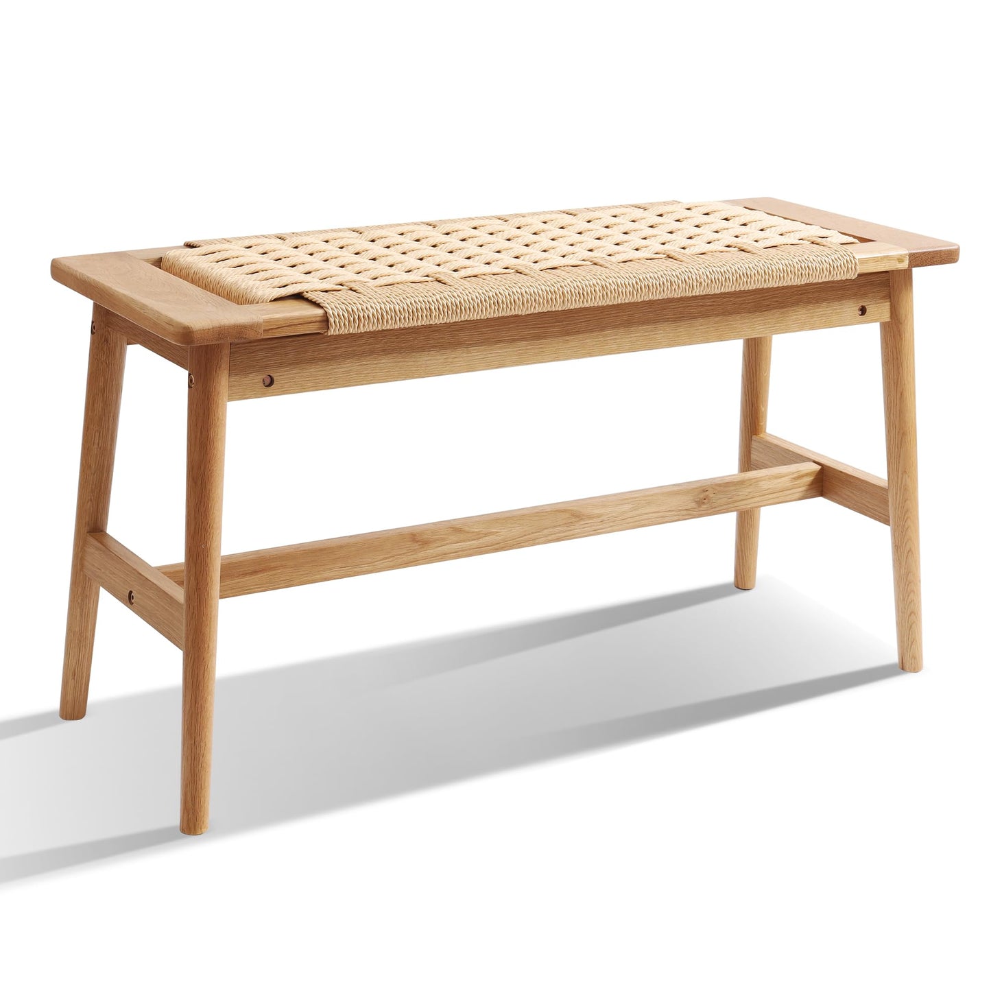 OGMILL 33.5" L Wood Dining Bench Indoor, 100% Natural Solid Oak Bed Bench Hand Woven Enterway Bench Small Bench for Dining Room, Bedroom, Kitchen (Natural)