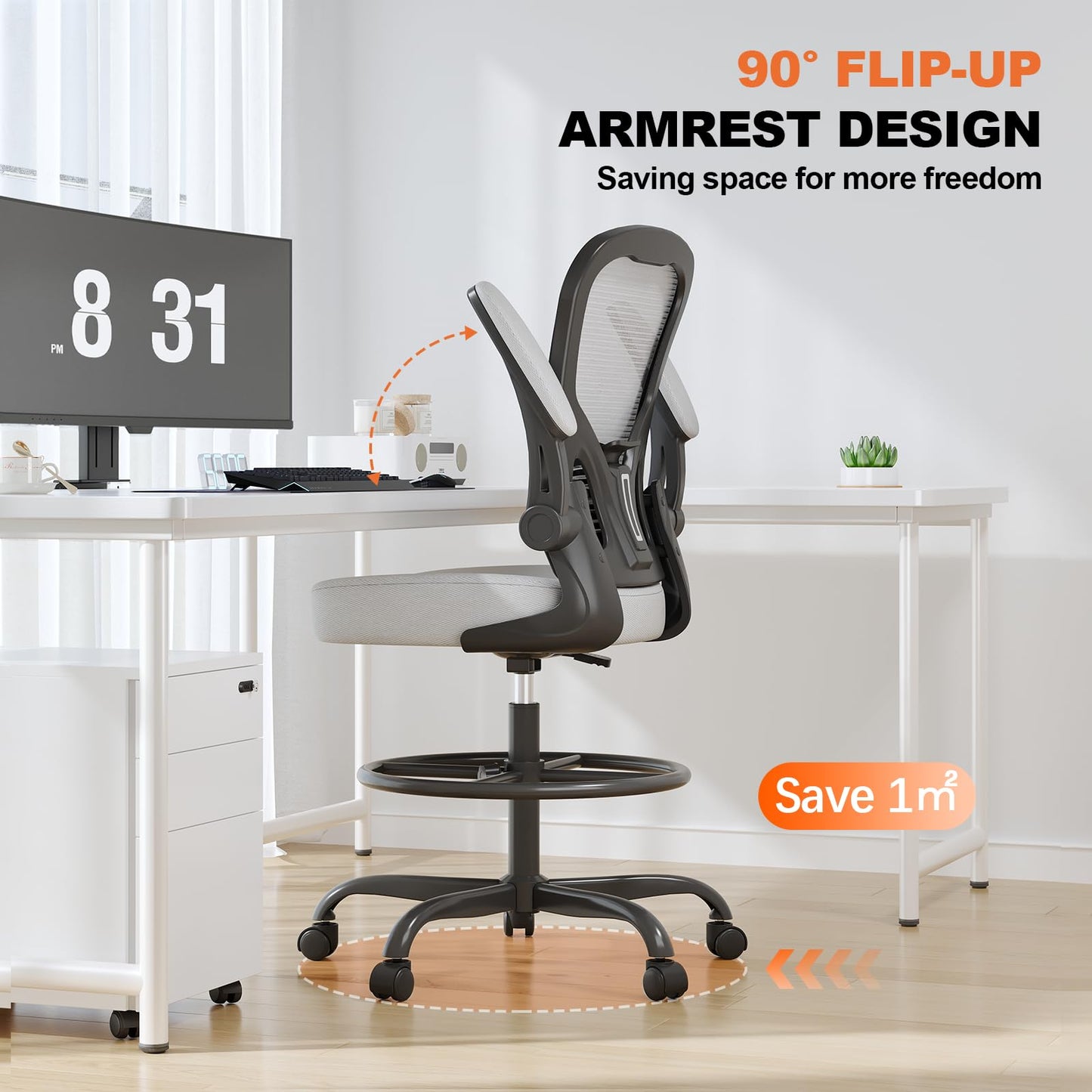 Ergonomic Drafting Chair, Tall Office Chair with Flip-up Armrests, Breathable Mesh High Desk Chair with Lumbar Support Adjustable Footrest Ring for Standing Desk Gray